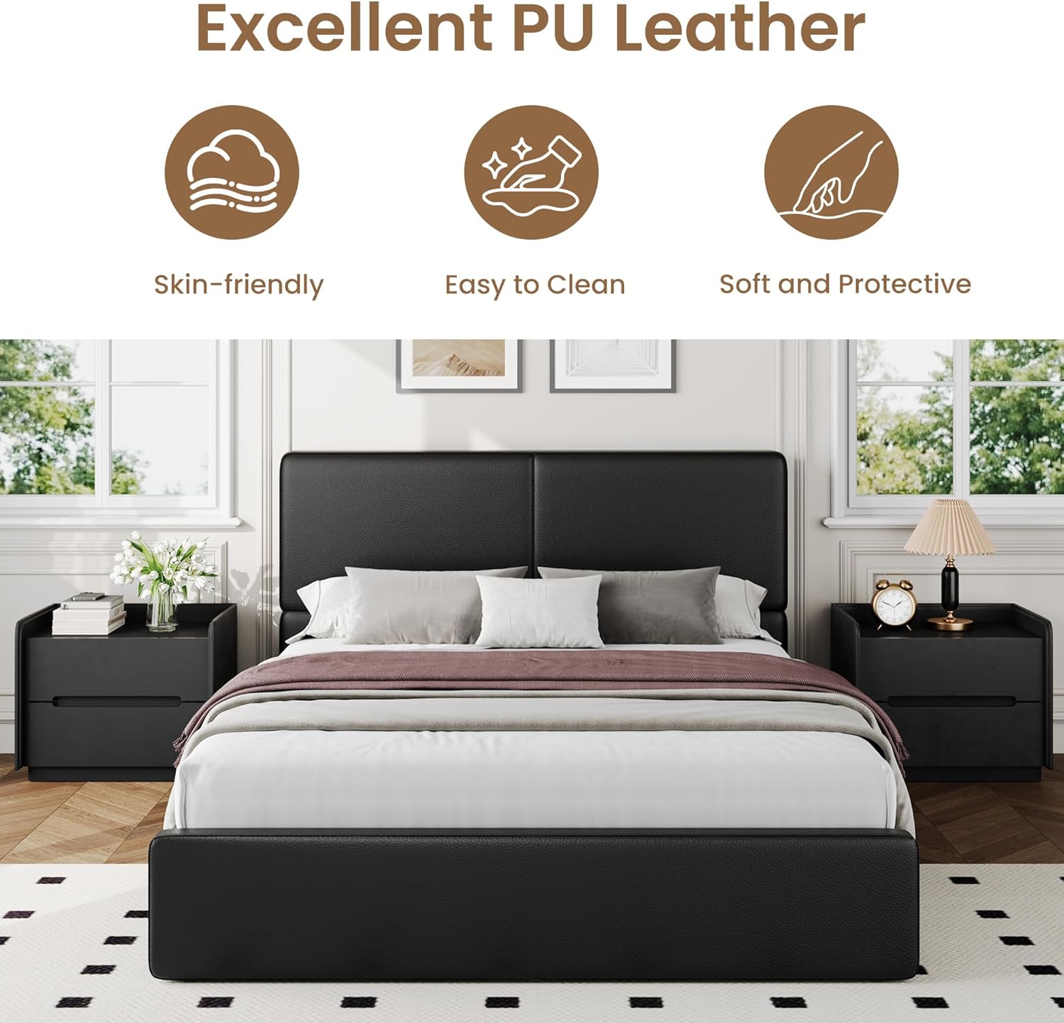 Takywep Queen Bed Frame with Headboard, Fully Upholstered Faux Leather Platform Bed Frame with Strong Wooden Slats Support, Noise-Free, Easy Assembly Excludes Box Spring, Black