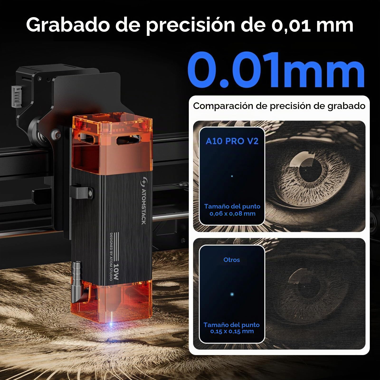 ATOMSTACK A10 PRO V2 Máquina de grabado láser 12W, cortadora láser para madera con punta de 0,06 mm, grabador láser de alta precisión para madera, metal y vidrio acrílico oscuro