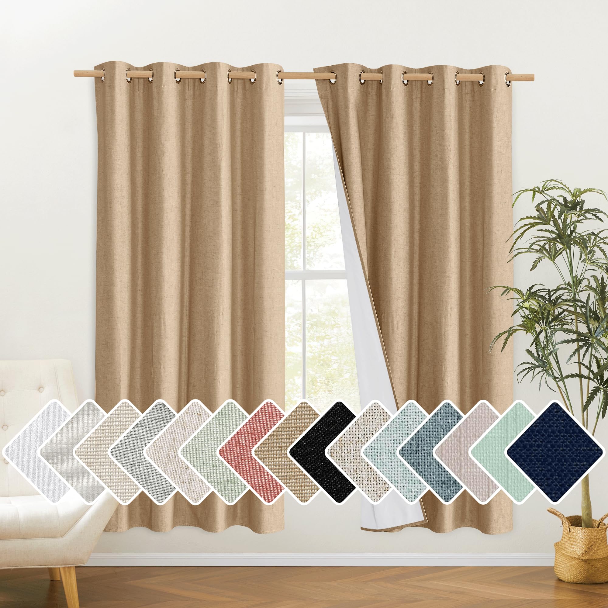 NICETOWN 100% Absolutely Blackout Linen Curtains with Thermal Insulated White Liner, Camel, W52 x L72, 2 Panels, Long Curtains 72 inch Length for Patio Door, Doorway, Office, Overnight Shiftworker