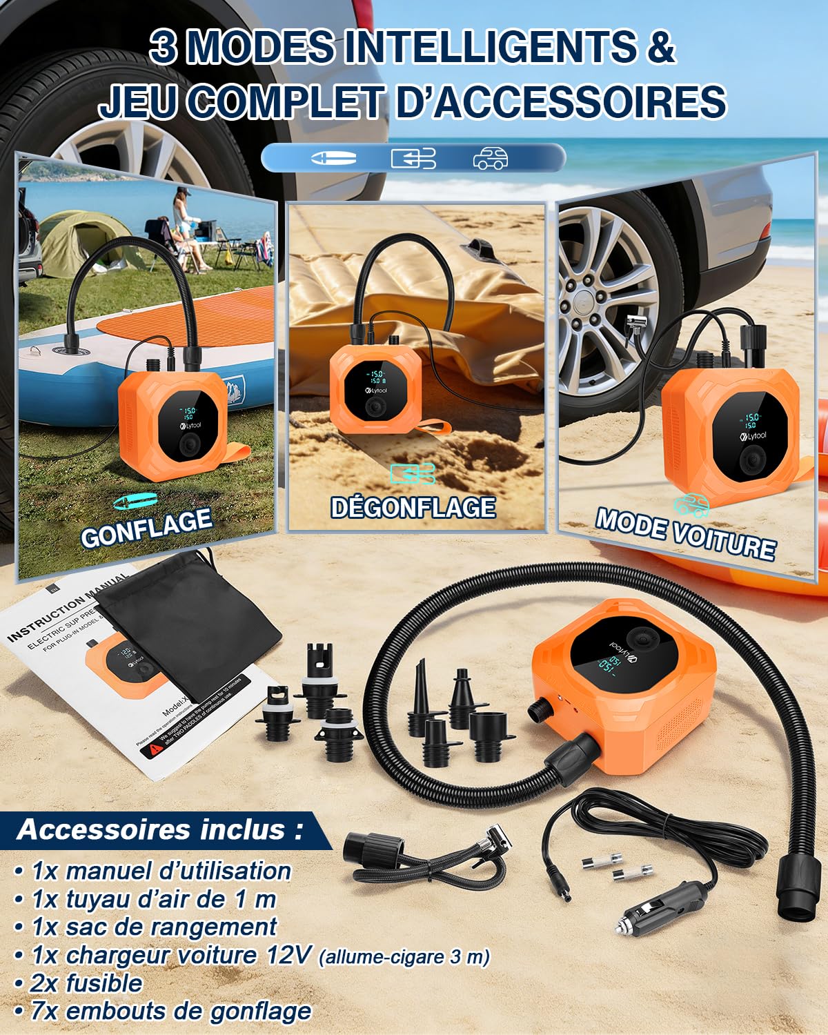 Pompe Électrique Sup (Option Avec Batterie/Sans Batterie) Lytool Gonfleur Paddle Haute Pression 50 PSI avec Arrêt Automatique Planches Stand Up Paddle,Bateaux,Kayaks,Voiture,Vélo