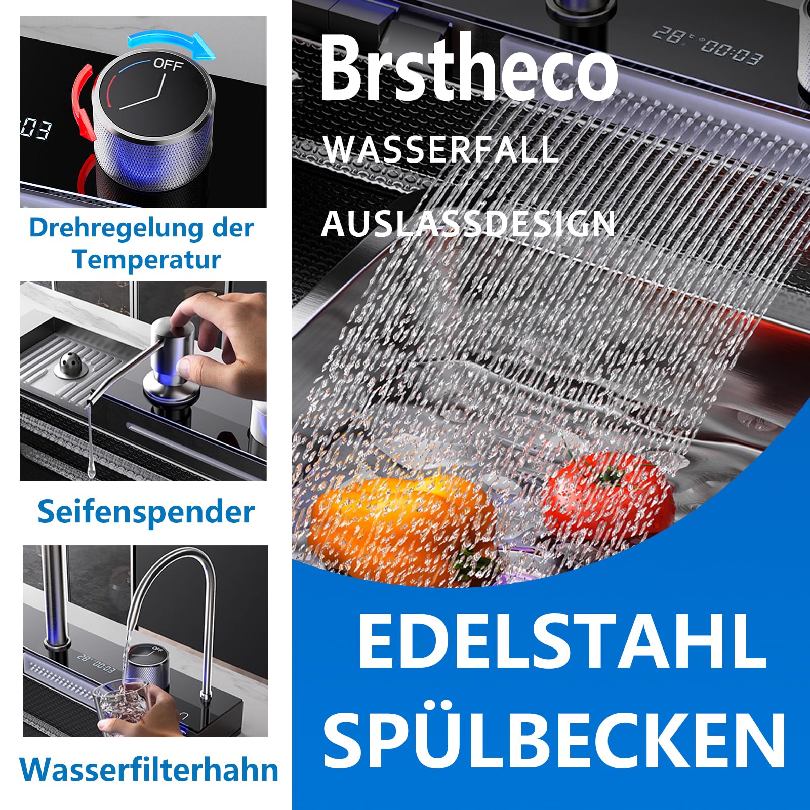 Lavello da cucina in acciaio inox – rubinetto integrato + lavabo, dispenser di sapone, scarico controllato da tavolo, tasti pianoforte, display digitale intelligente, rubinetto filtro