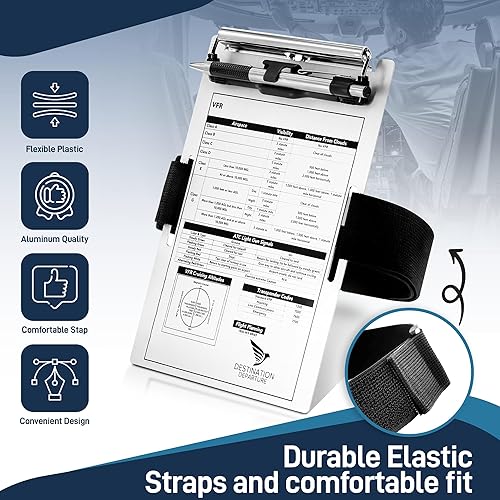 Miniatura 3 de Pilot Kneeboard – Portapapeles de aluminio de aviación – Tablero de clip de aluminio con práctico soporte para bolígrafo – Rodilleras con correa