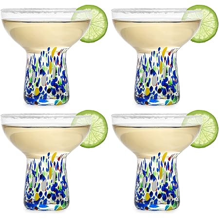 Hand Blown Margarita Glass – Luxury Hand Blown Confetti Margarita, Martini & Champagne Glasses Cinco de Mayo by The Wine Savant, Hand Blown Glass – Large Party, Set of 4 (Mexican Design)