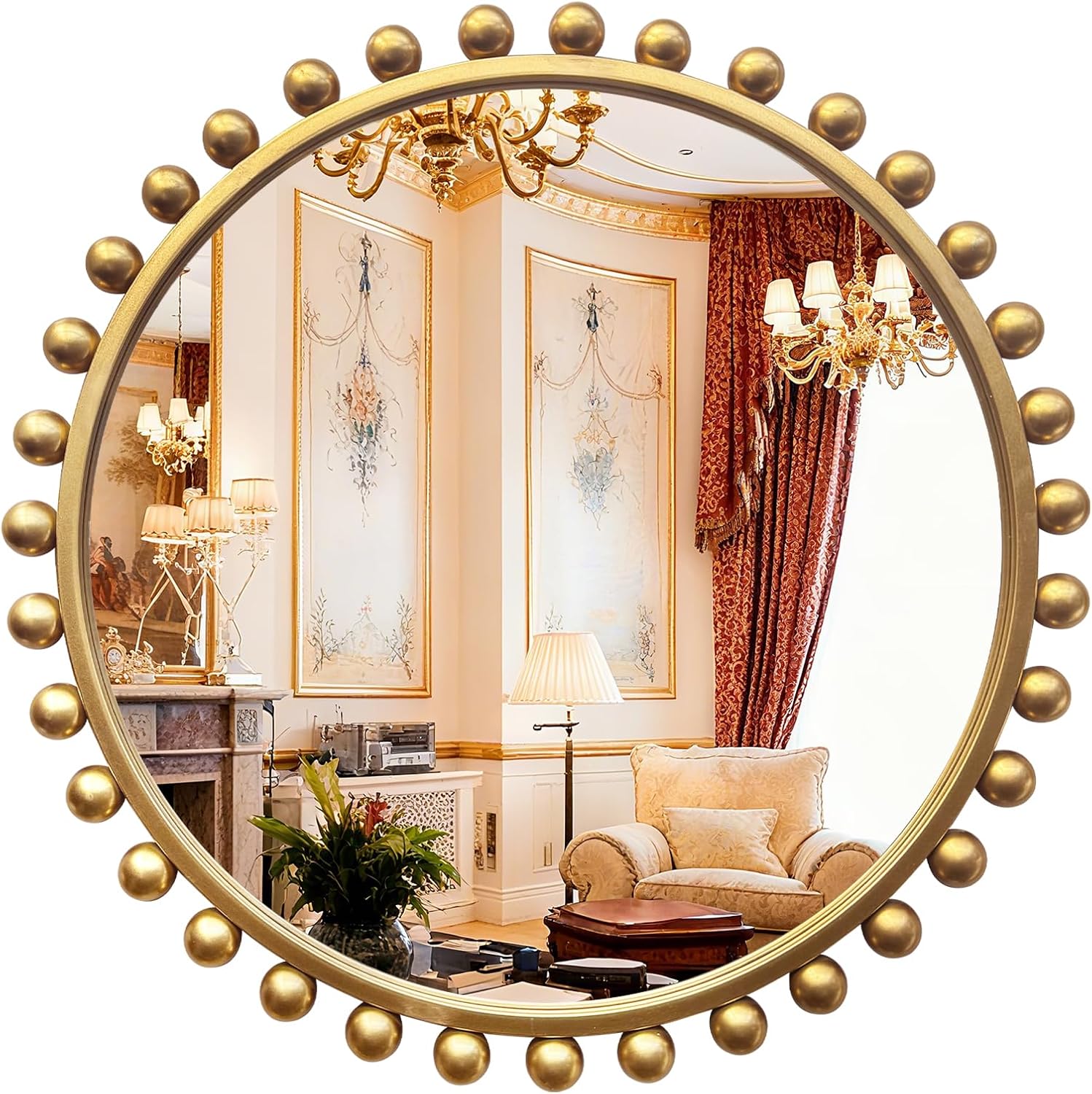 30 Inch Large Round Wall Mirror with Gold Beaded Frame, Decorative & Ornate Circle Vanity Mirror for Bathroom, Living Room, Entryway, Bathroom, or Halway