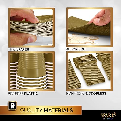 Miniatura 2 de Juego de suministros dorados para fiestas, platos de papel, vasos de plástico, tenedores, cuchillos, cucharas, servilletas, mantel para 20