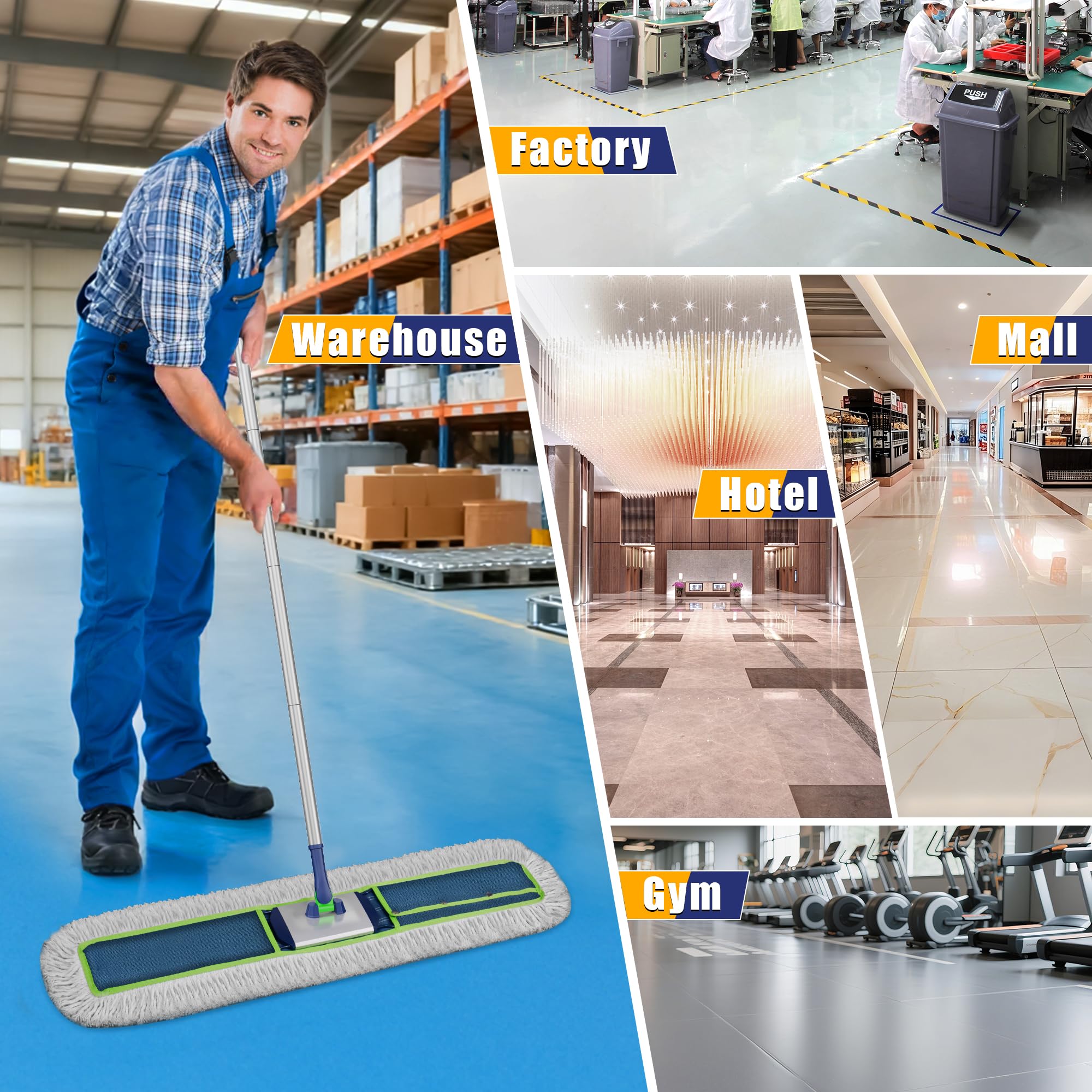 Grande mocio industriale piatto: 104 cm di larghezza resistente per pavimenti in legno duro – spolverino per pavimenti asciutti con 2 tamponi, manico lungo 150 cm, per la pulizia di garage