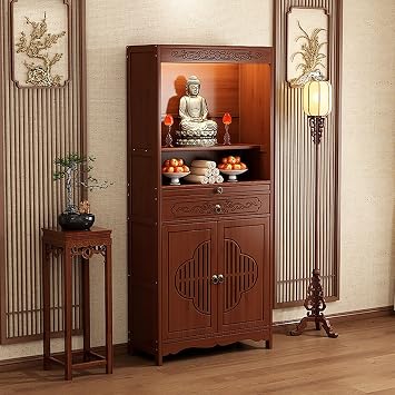 Buddhist Altar Table with Storage Drawers, Chinese Buddhist Prayer Altar Cabinet, Temple for Home, Pooja Mandir Walnut, 26.7 * 13 * 67in