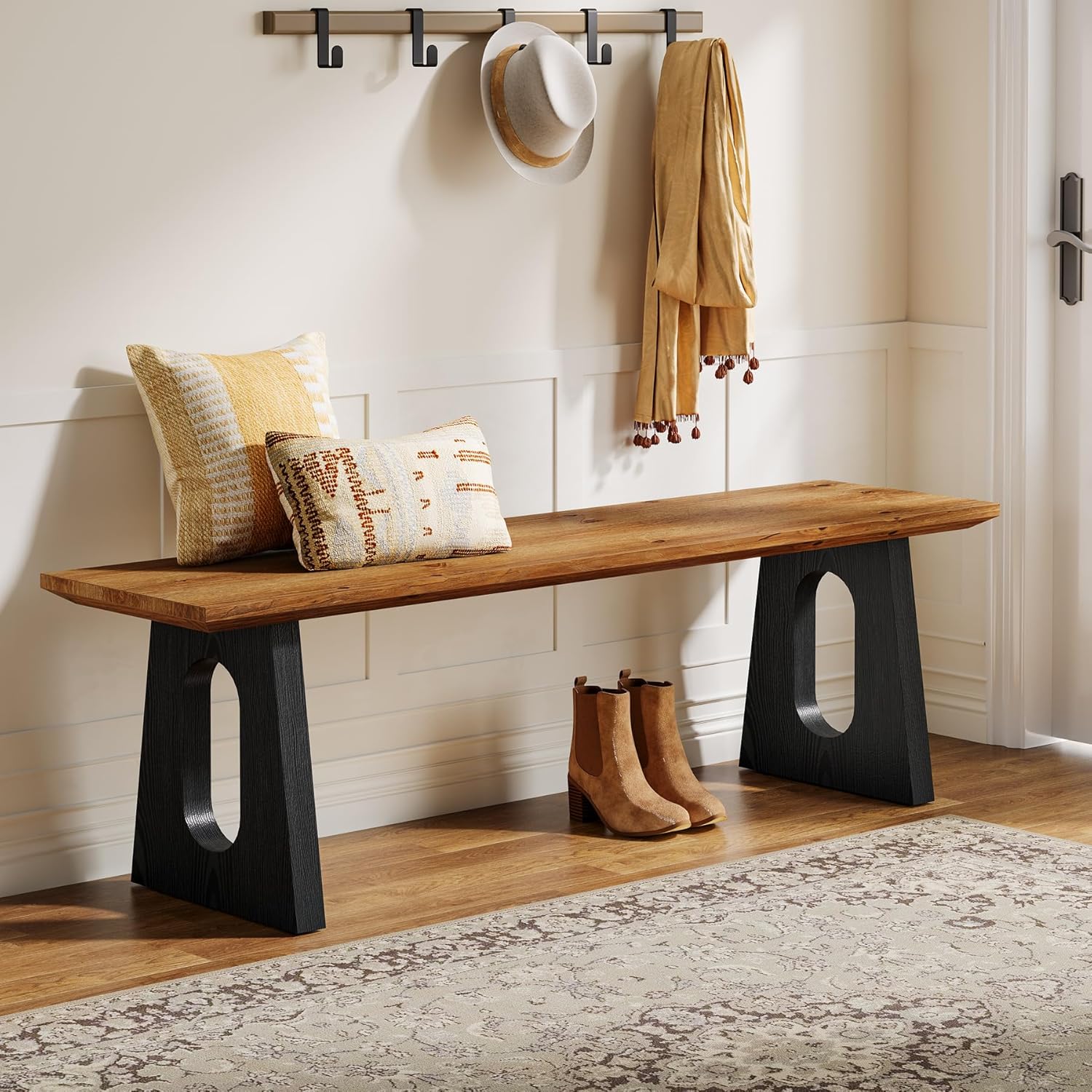 Solid Wood Bench, 47-Inch Farmhouse Dining Bench, Rustic Entryway Bench for Dining Room, Entrance, Bedroom, Hallway, Easy Assembly, Brown & Black