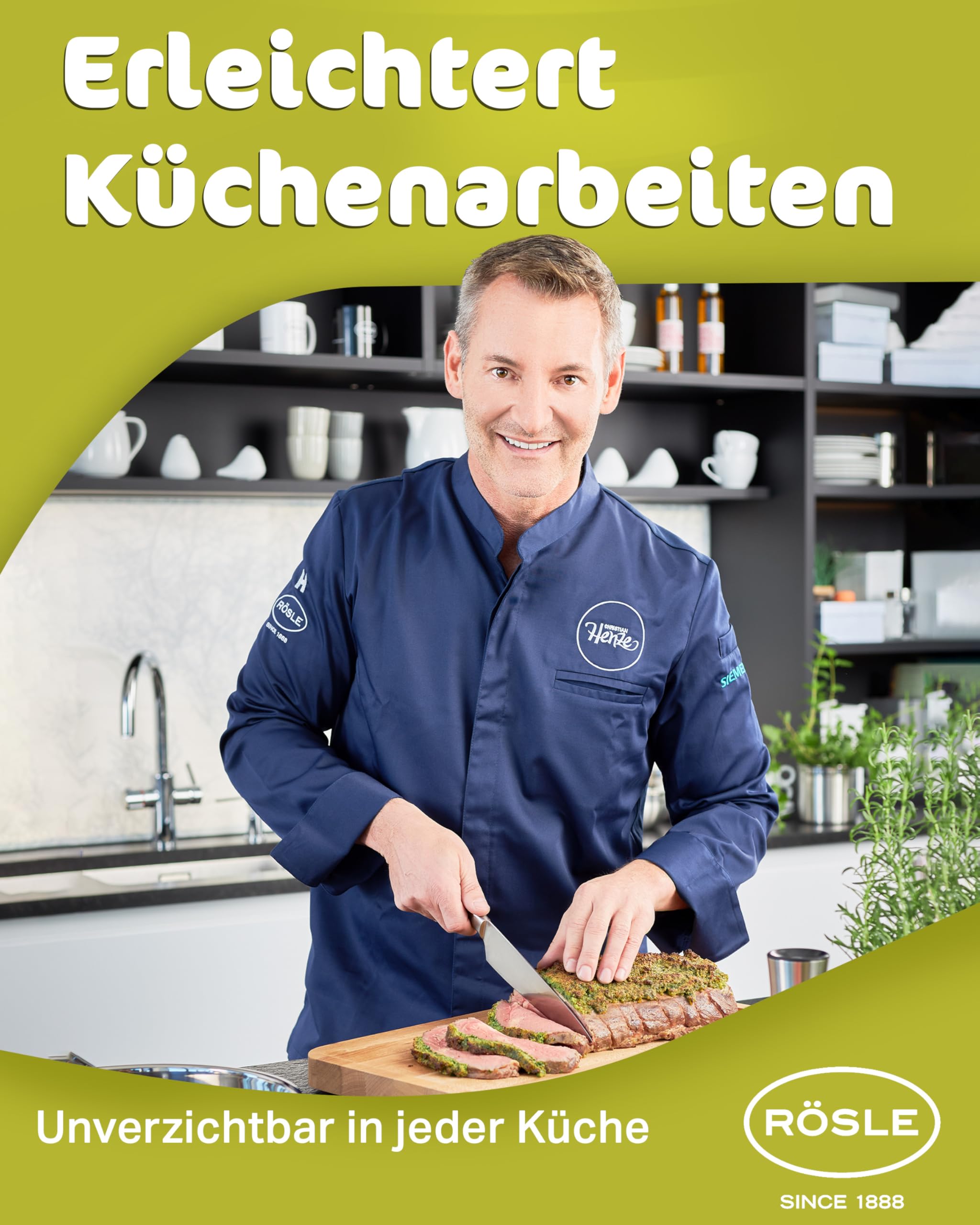 RÖSLE Schneidebrett mit Edelstahlgriff, 48x32cm, Hochwertiges Schneidebrett Holz aus robustem Ulmenholz, Holzschneidebrett für universellen Einsatz, rutschfestes Küchenbrett und Servierbrett