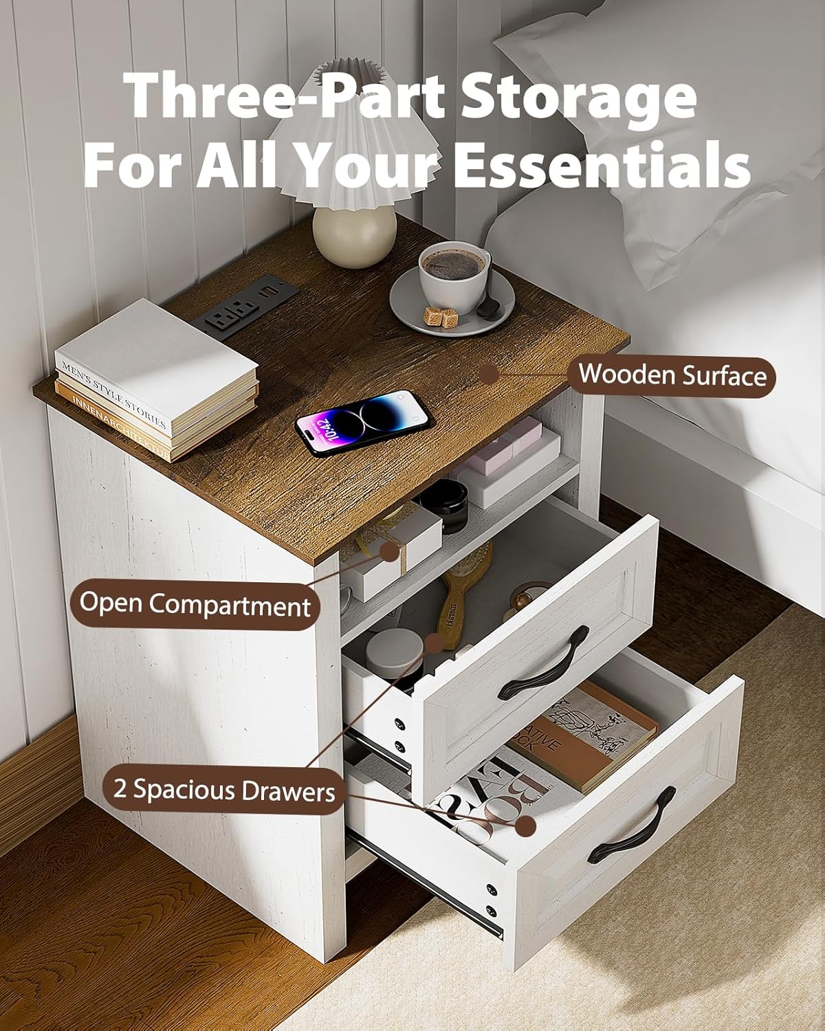 Amada Farmhouse Nightstand with Charging Station, Set of 2, Bedside Table with 2 Drawers, USB A Port, USB C Port& 2 AC Outlets, Rustic Farmhouse End Table for Bedroom, Brown & White - Image 3