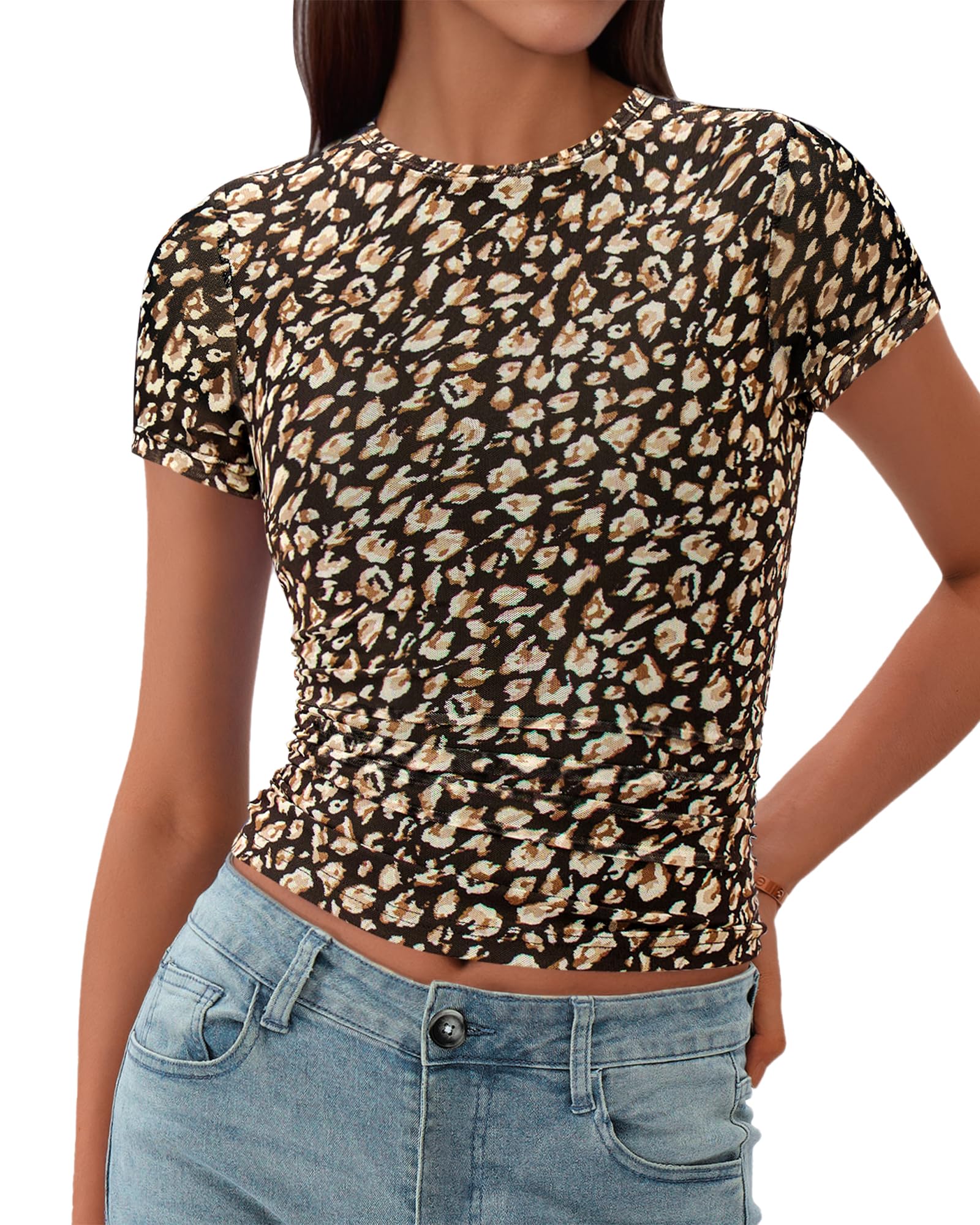 (Small) BTFBM Womens Sheer Mesh Summer Tops 2025 Crewneck Short Sleeve Print Ruched Crop Top Slim Fit Club Going Out T Shirts