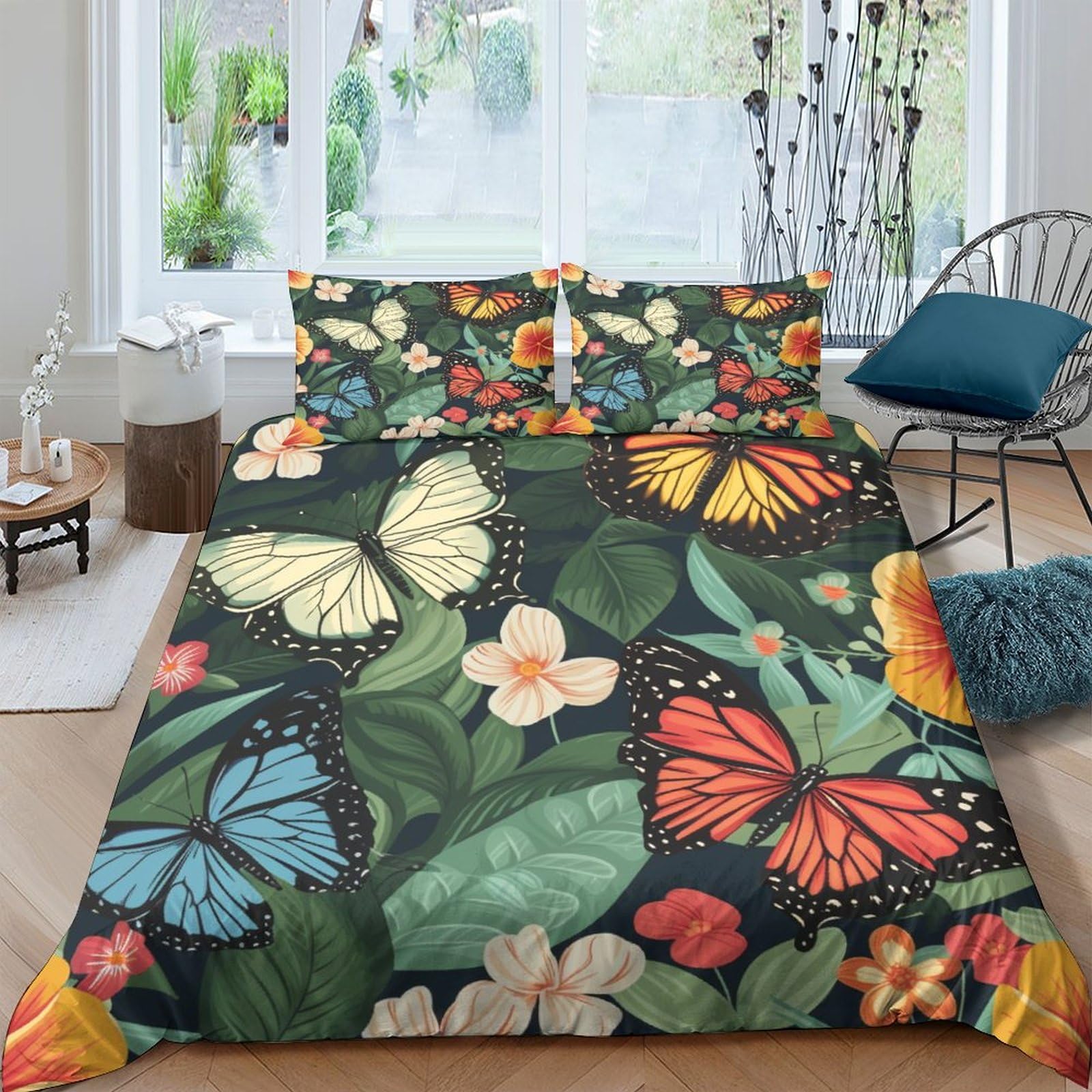 BARDYS Butterfly Quilt Cover Duvet Cover Comforter Covers for Boys Girls 3D Print Flowering Shrub with Zipper Closure with Pillow Cases Soft Microfiber Bedding Set 3 Pieces Double（200x200cm）