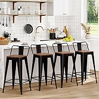 WENTMENT Set of 4 24" Counter Height Metal Bar Stools with Removable Back, Wooden Seat, Black - Stackable Kitchen Barstools