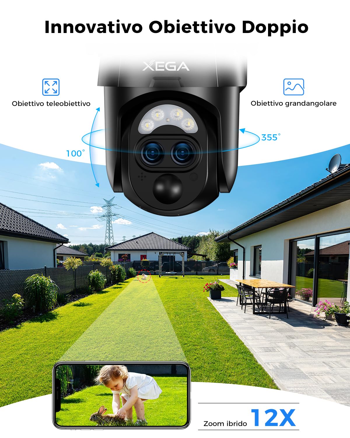 Xega 2K Telecamera Wi-Fi Esterno Solare【12X Zoom Ibrido】 Doppia Lente PTZ Videocamera Sorveglianza con AI Rilevamento Umano, Visione Notturna Colori, Audio Bidirezionale, 2.4GHz, IP66 | PTZ Videocamera Sorveglianza con AI Rilevamento Umano, Visione Nottur