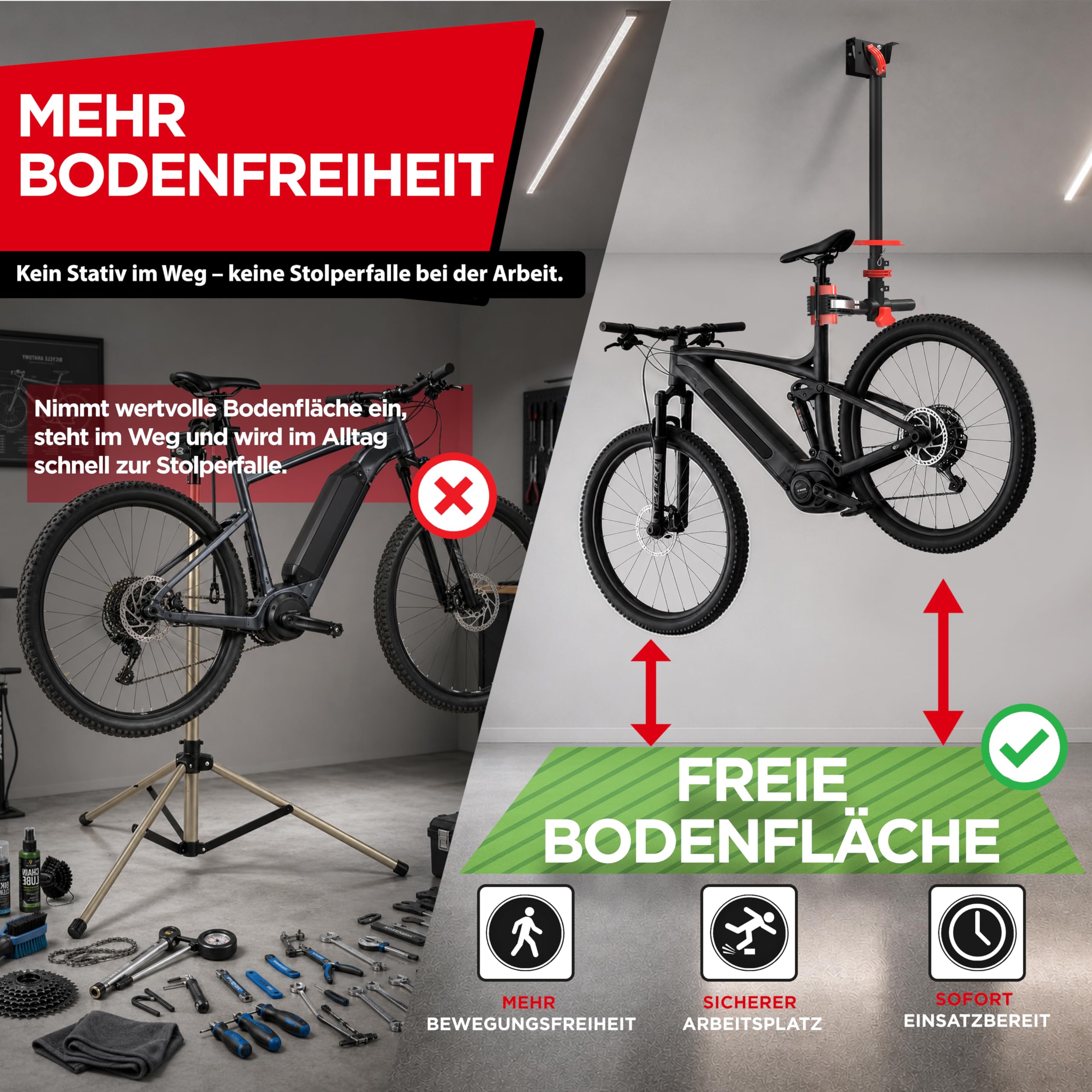 Adamix BikeClamp 30 Montageständer Deckenmontage, bis 30 kg, klappbar | Designed in Germany, höhenverstellbar, Fahrrad Montagehalterung und Reparaturständer für MTB, E-Bike, Rennrad