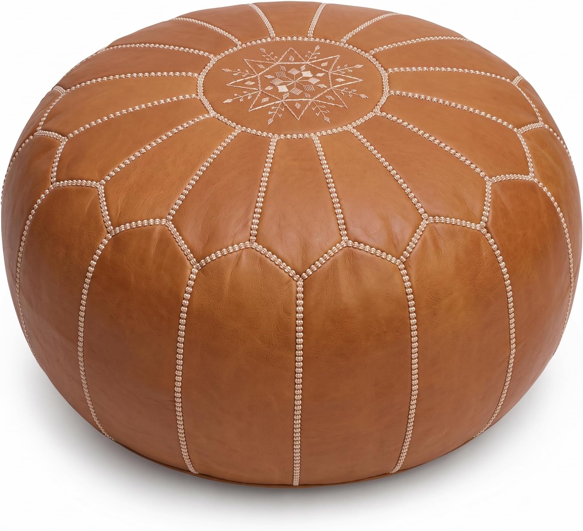 ARTOUARZAZATE Moroccan Leather Pouf Ottoman Cover, 100% Genuine Goatskin Leather, Round Footstool, Unstuffed, Brown, 20 x 20 x 14 in (Brown)