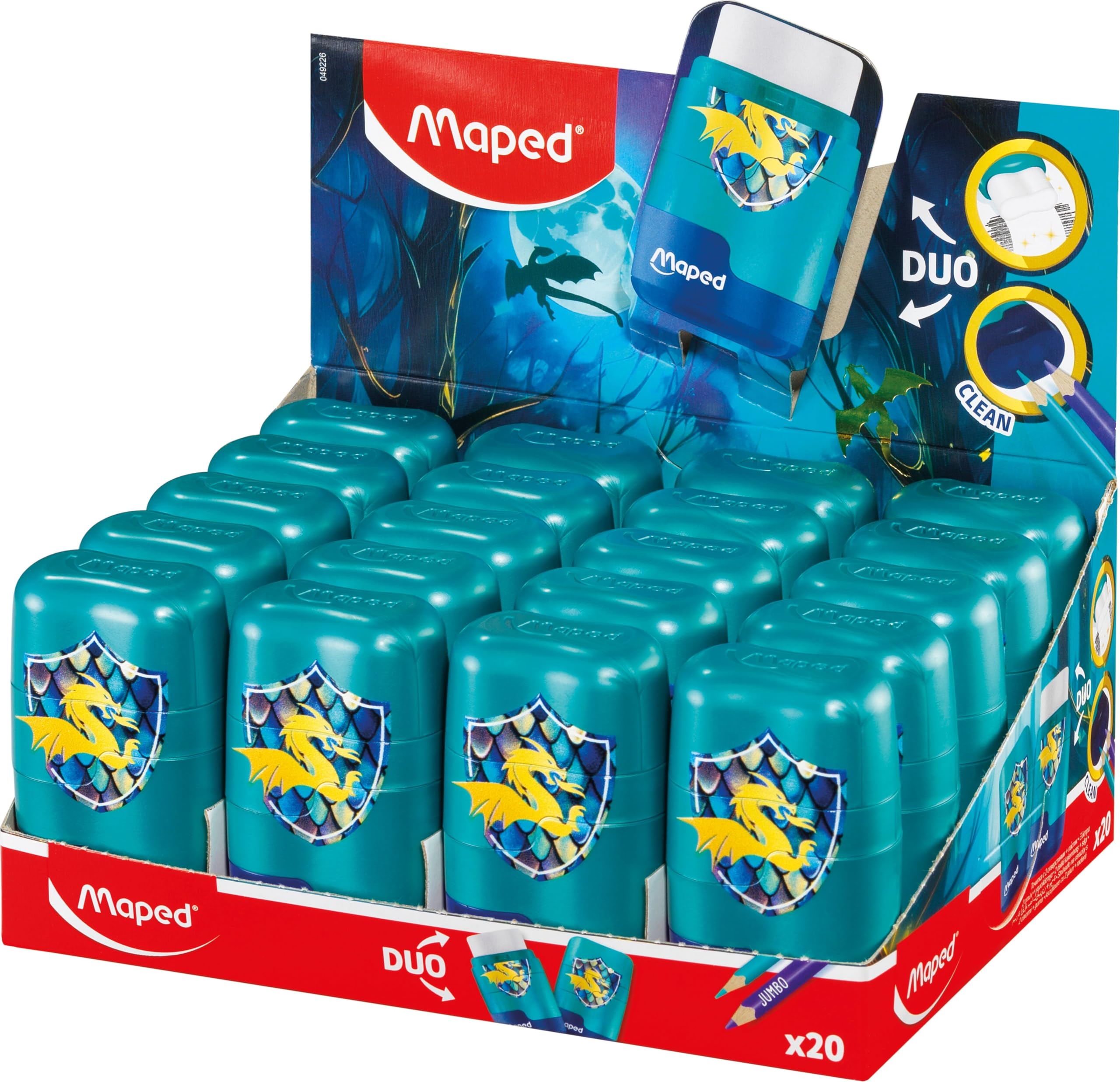 Maped - Display mit 20 Bleistiftspitzer Duo Dragon – 2 in 1 – Anspitzer mit 2 Löchern + Radiergummi – ohne PVC und Phthalat – mit Nachfüllpack
