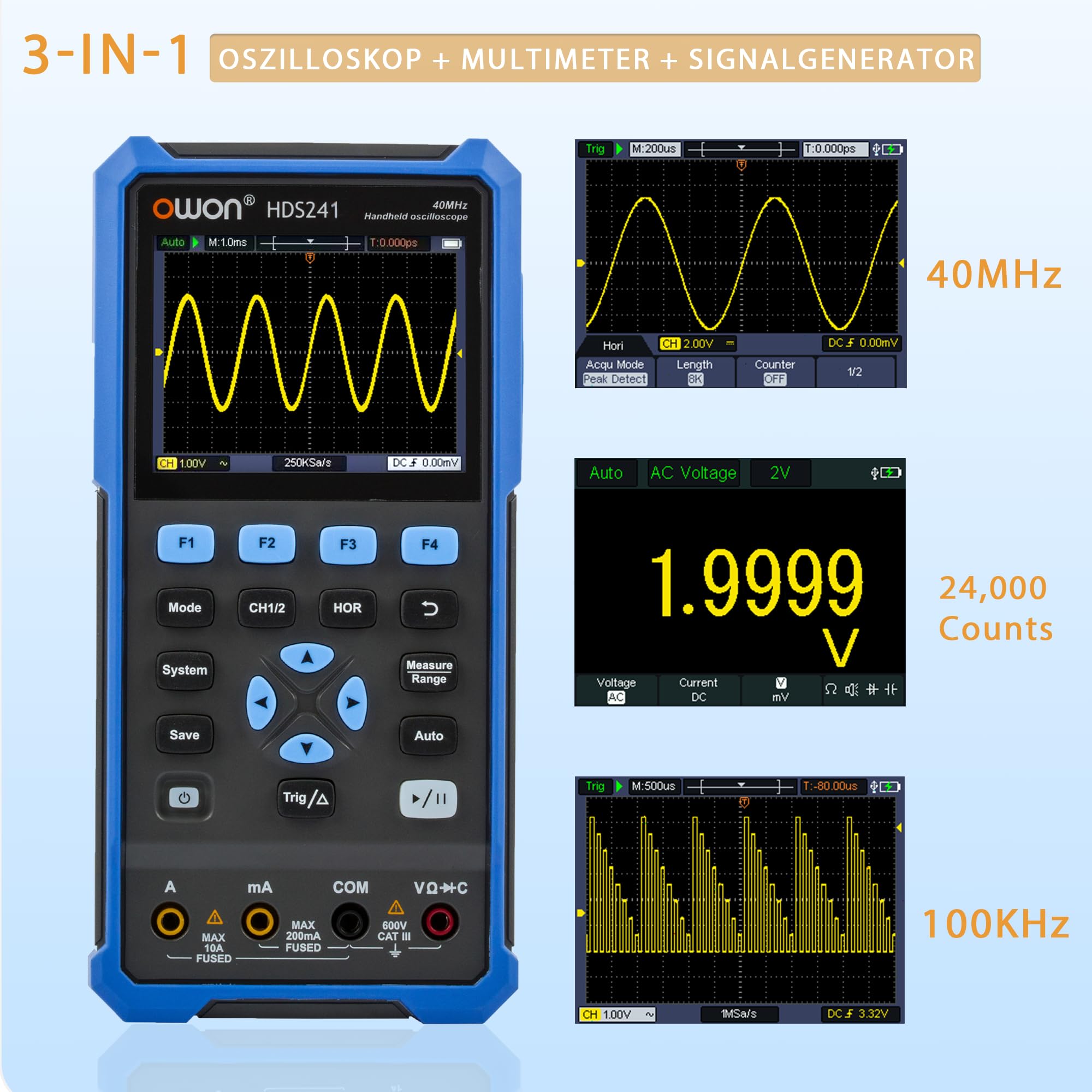 HDS241 OWON Osciloscopio Multímetro 3 en 1 Función 24.000 Valores Medidos Multímetro 40MHz Ancho de banda 100KHz Fuente de Señal 3.5" LCD con 320 x 240 píxeles