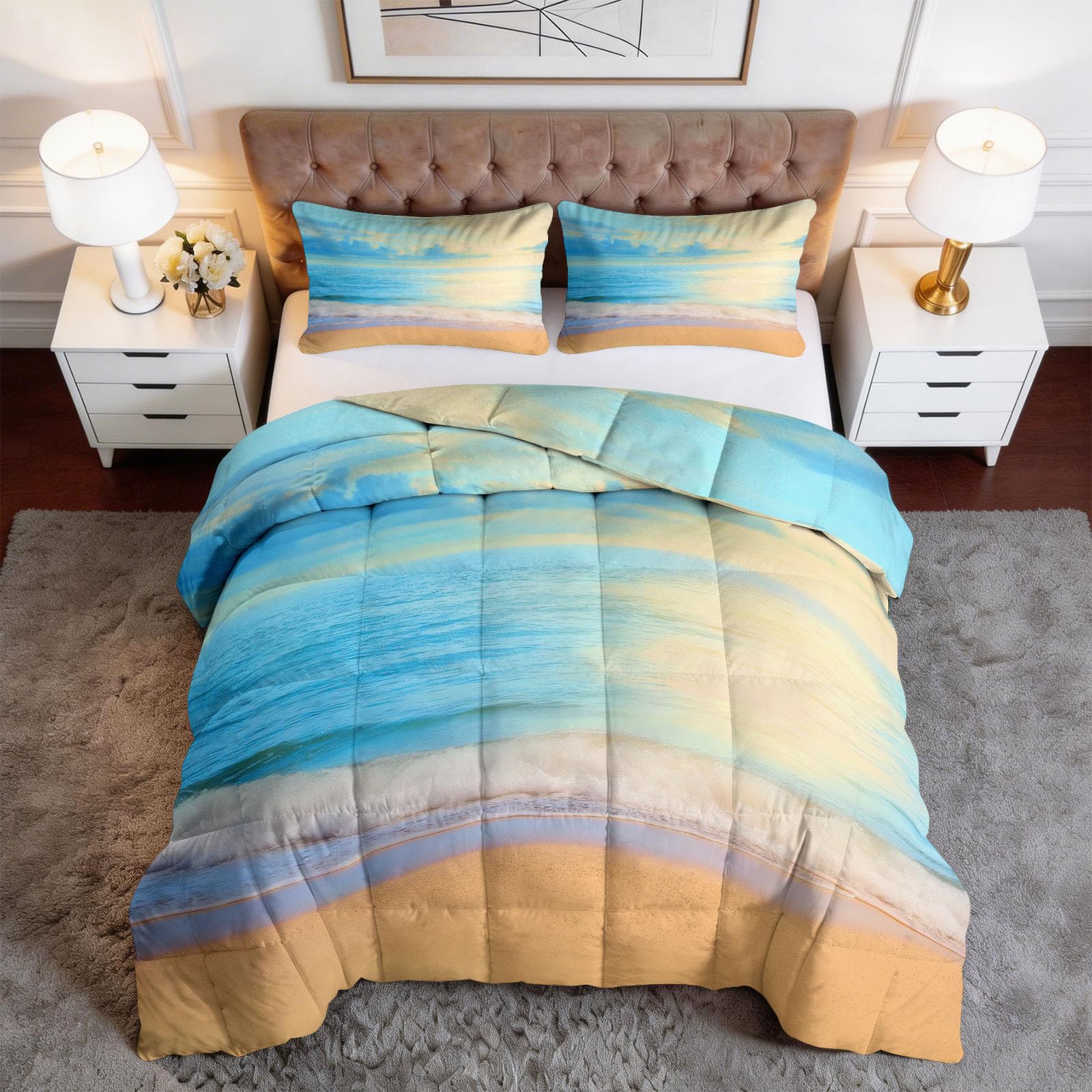 Spiaggia Onde dell'Oceano Tramonto Trapunta Trapunta 200 x 200 cm, Paesaggio Naturale Leggero Trapunta per Letto - Lavabile Calda Coperta 4 Stagioni Trapunta per Bambini Ragazze Ragazzi Adolescente