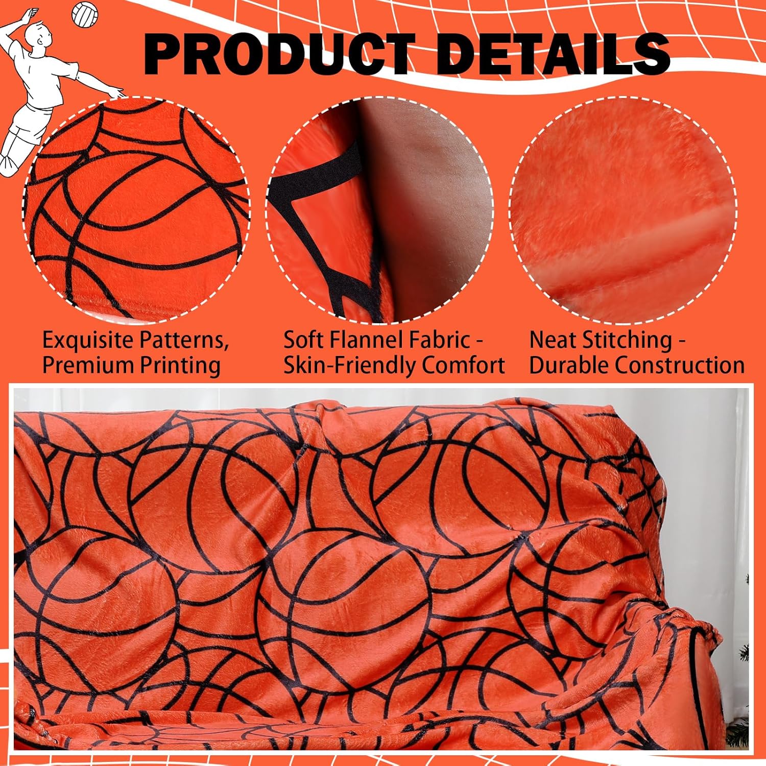 2 Pcs Winter Valentine's Day Gifts Ball Blanket & Pillow Set - 50 x 60 Inch Flannel Throw with 14 Inch Plush Pillow, Cozy Sports Themed Blanket Winter Gift for Ball Lovers (Basketball) - Image 5