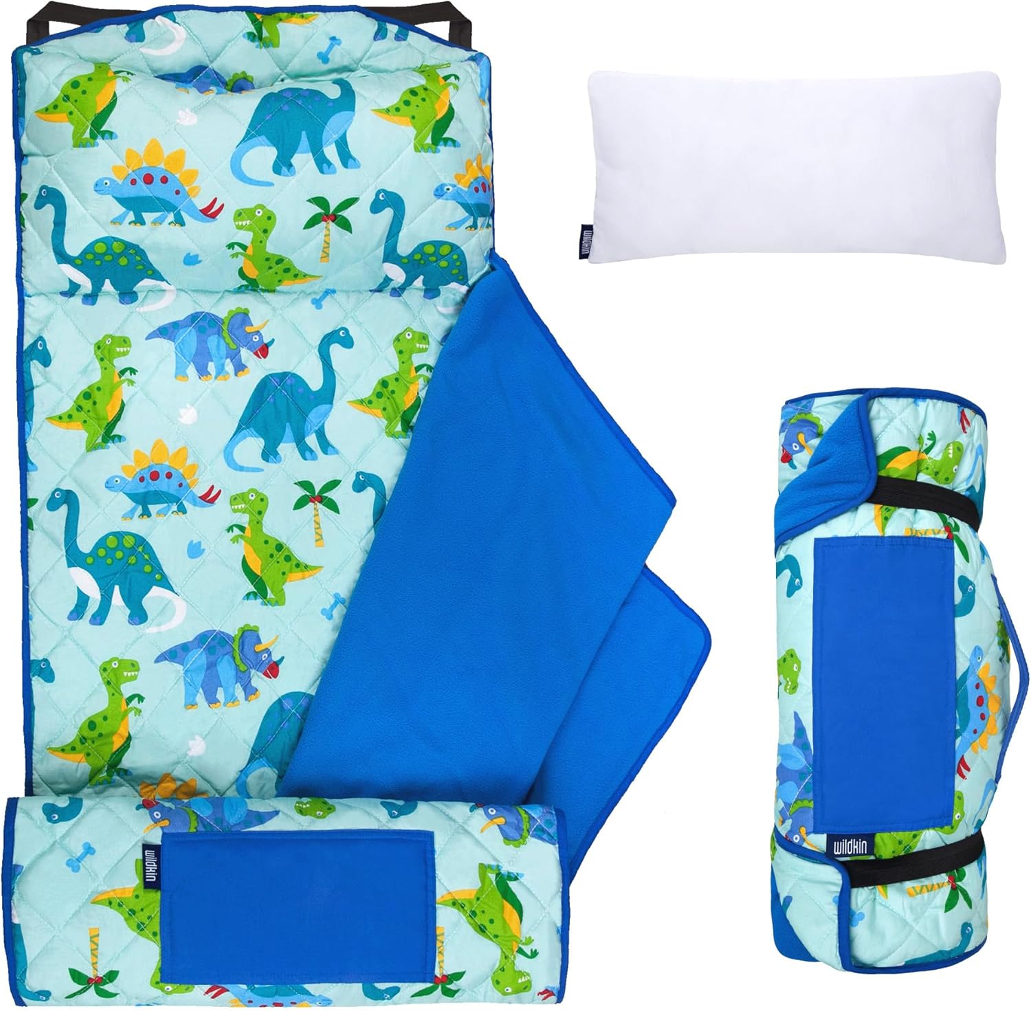 Wildkin Quilted Kids Nap Mat – Soft Microfiber with Pillow & Elastic Straps for School & Travel Dinosaur Land 49.5 x 20"