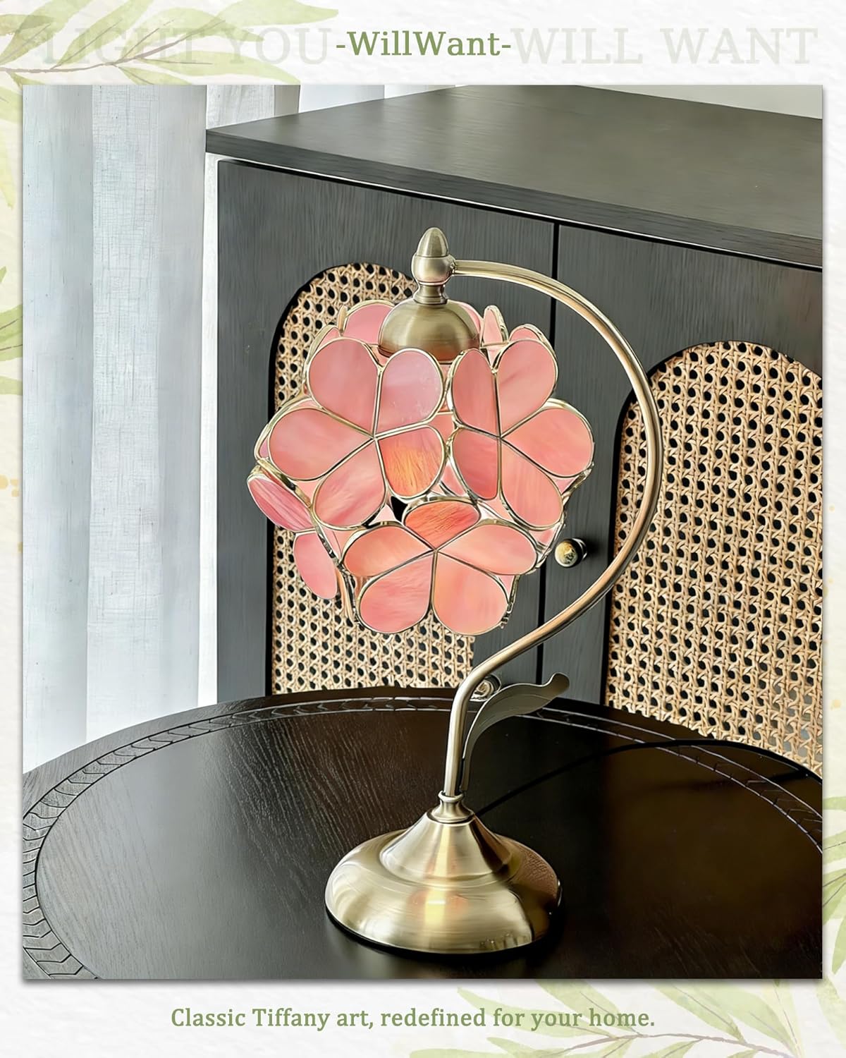 Tiffany Style Flower Table Lamp, Vintage Cherry Blossom Stained Glass Lamp with Brass Base for Bedroom Bedside Home Decor, Blush Coral (Pink)