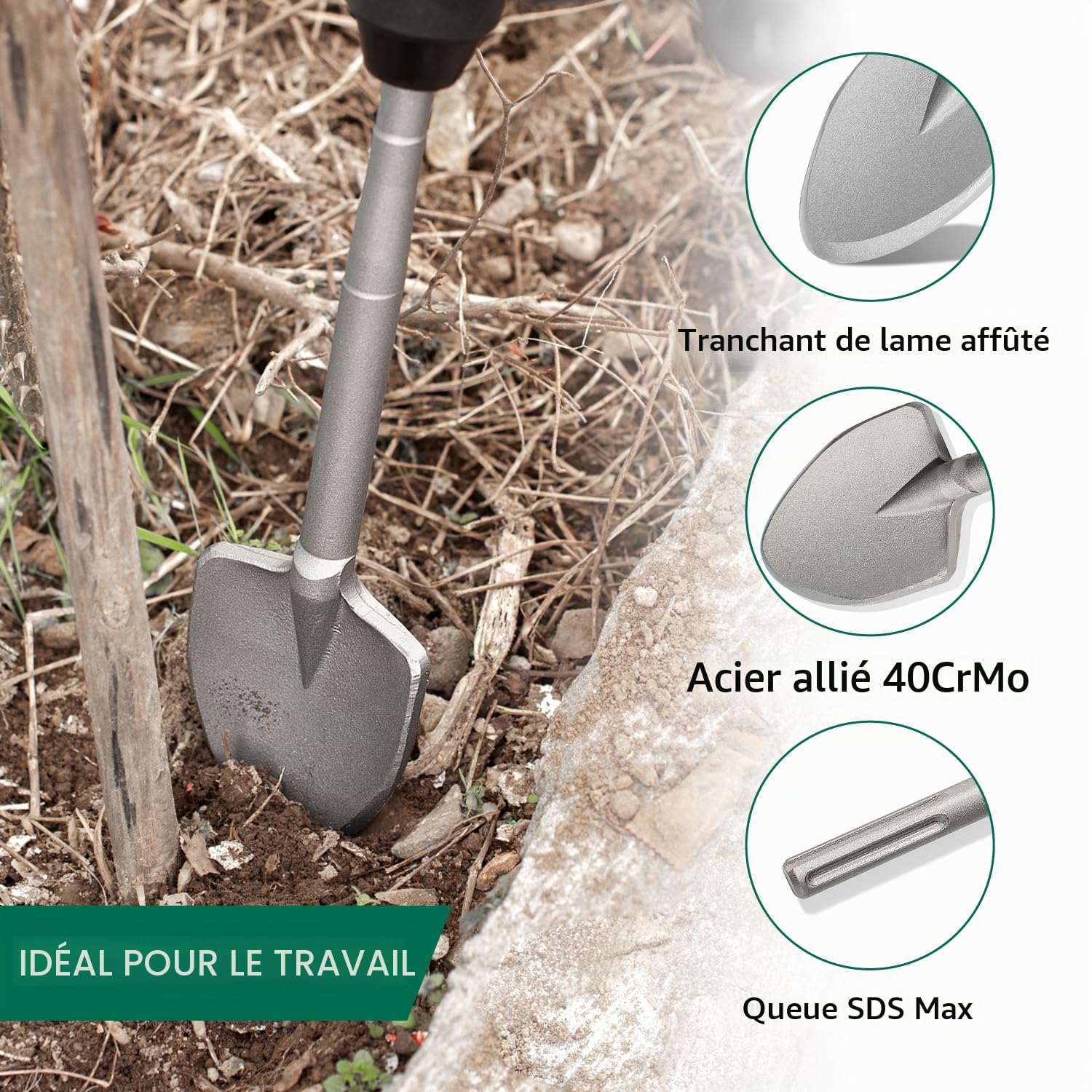 Monkey King Bar Burin Asphalte SDS Max Pelle Pointue,Bêche à argile 450 x 100mm, spécialisé dans la maçonnerie et le béton, pour creuser des semis, pelleter et creuser des tranchées.