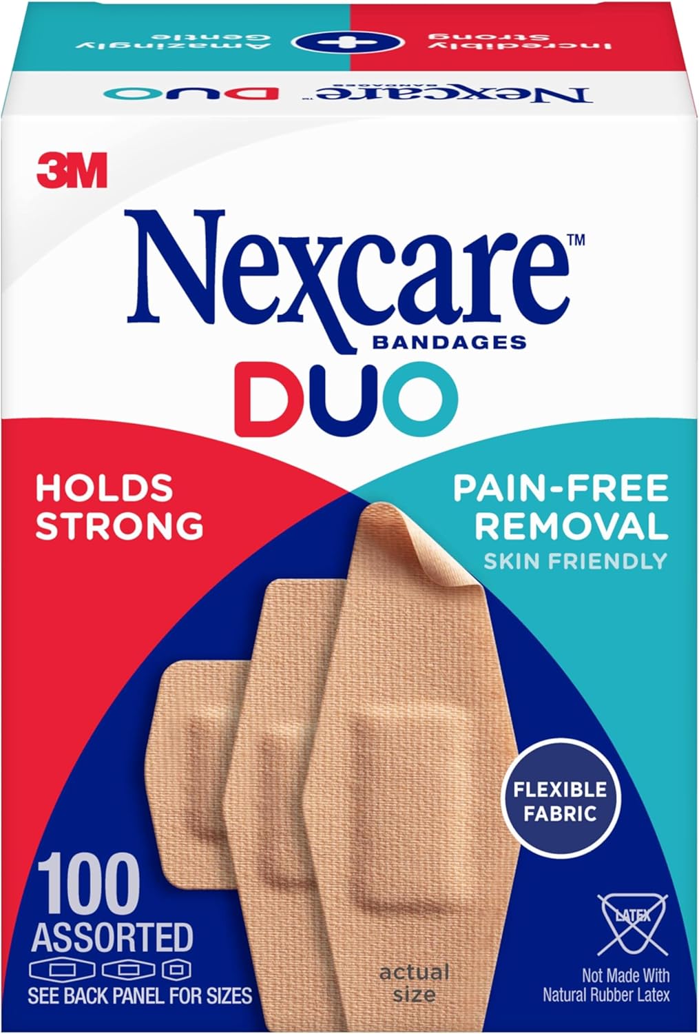 Nexcare Duo Bandages, Painless Removal, Strong Adhesive Bandages Stay on for 24 Hours, Flexible Fabric Construction - 100 Pack Assorted Sizes, 2-Pack
