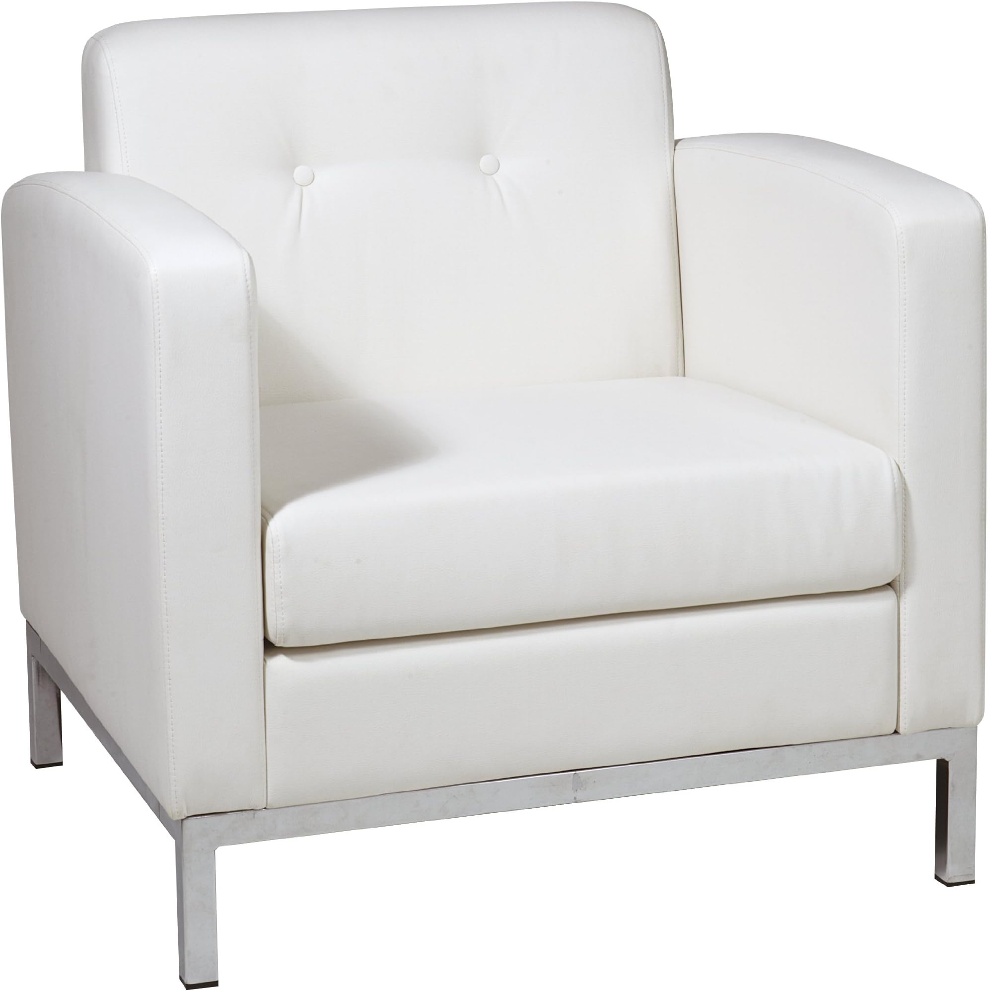 OSP Home Furnishings Wall Street Faux Leather Armchair with Box-Spring Cushion, Button Tufted Back, and Chrome Finish Base, White