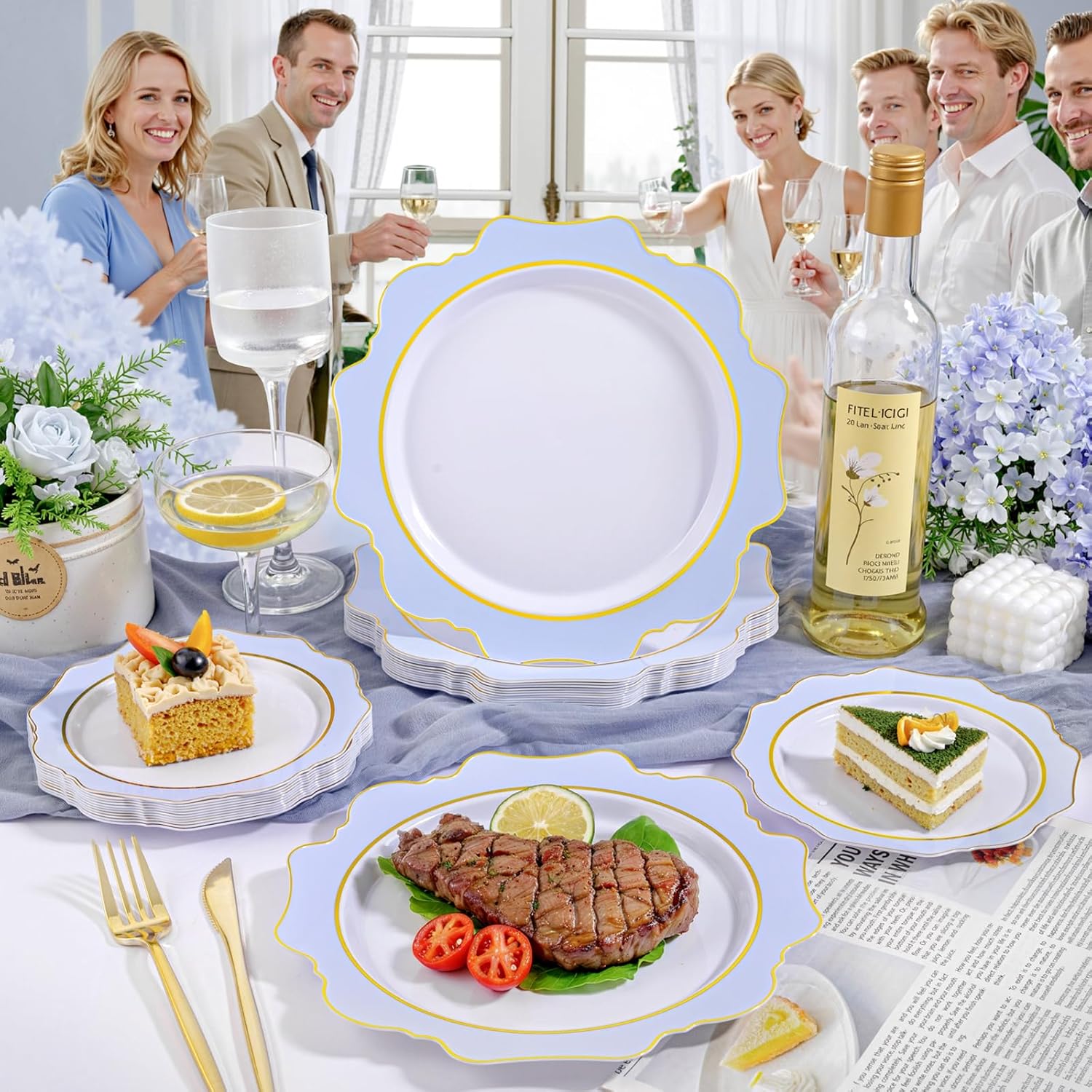 WDF 100PCS Blue Plastic Plates - Light Blue Plates Disposable - Heavy Duty Scalloped Plastic Plate for Parties/Wedding/Baby Shower/Easter