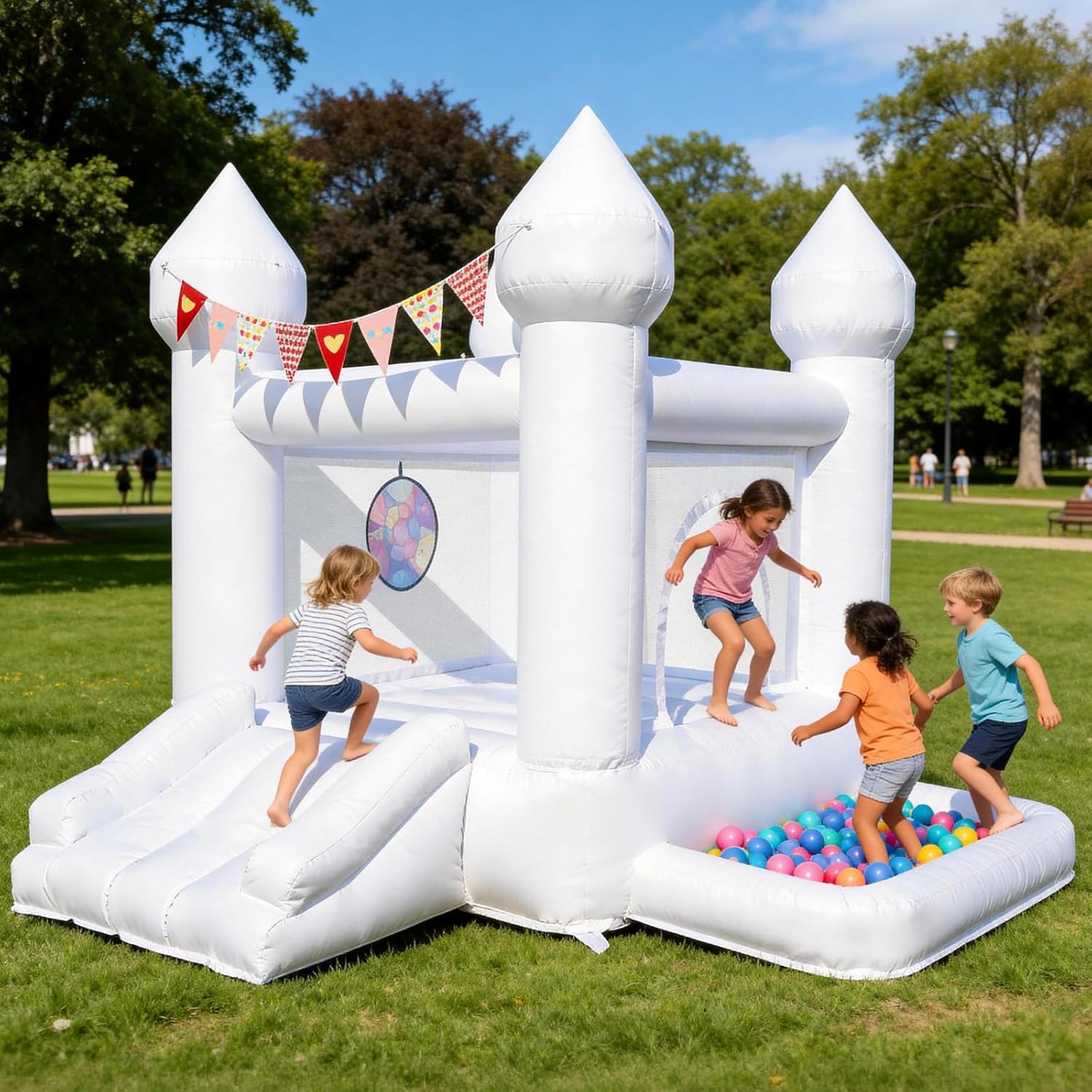 9FT 100% PVC White Bounce House, Suitable for Kids 3-6 Inflatable Castle. The Perfect Toy for Active Children. Suitable for Indoor and Outdoor Play, Party Decoration (Includes Blower)