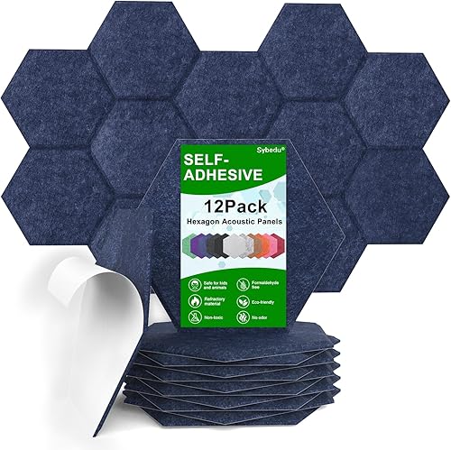 Paquete de 12 paneles acústicos hexagonales autoadhesivos biselados a prueba de sonido, 12 x 12 x 0.45 pulgadas, acolchado de alta densidad para