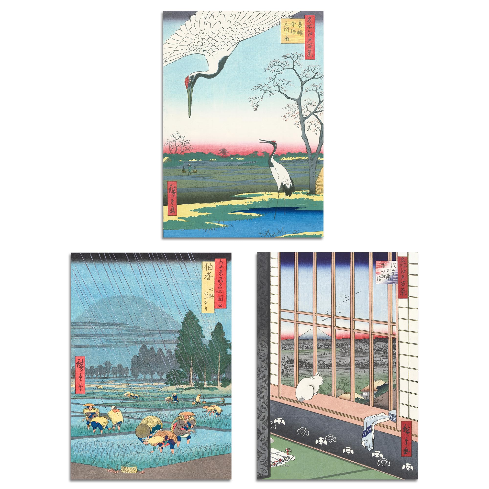 Artery8 Set of 3 Hiroshige Ricefields Green Blue Japanese Wall Art Prints A4 Size Living Room Decor