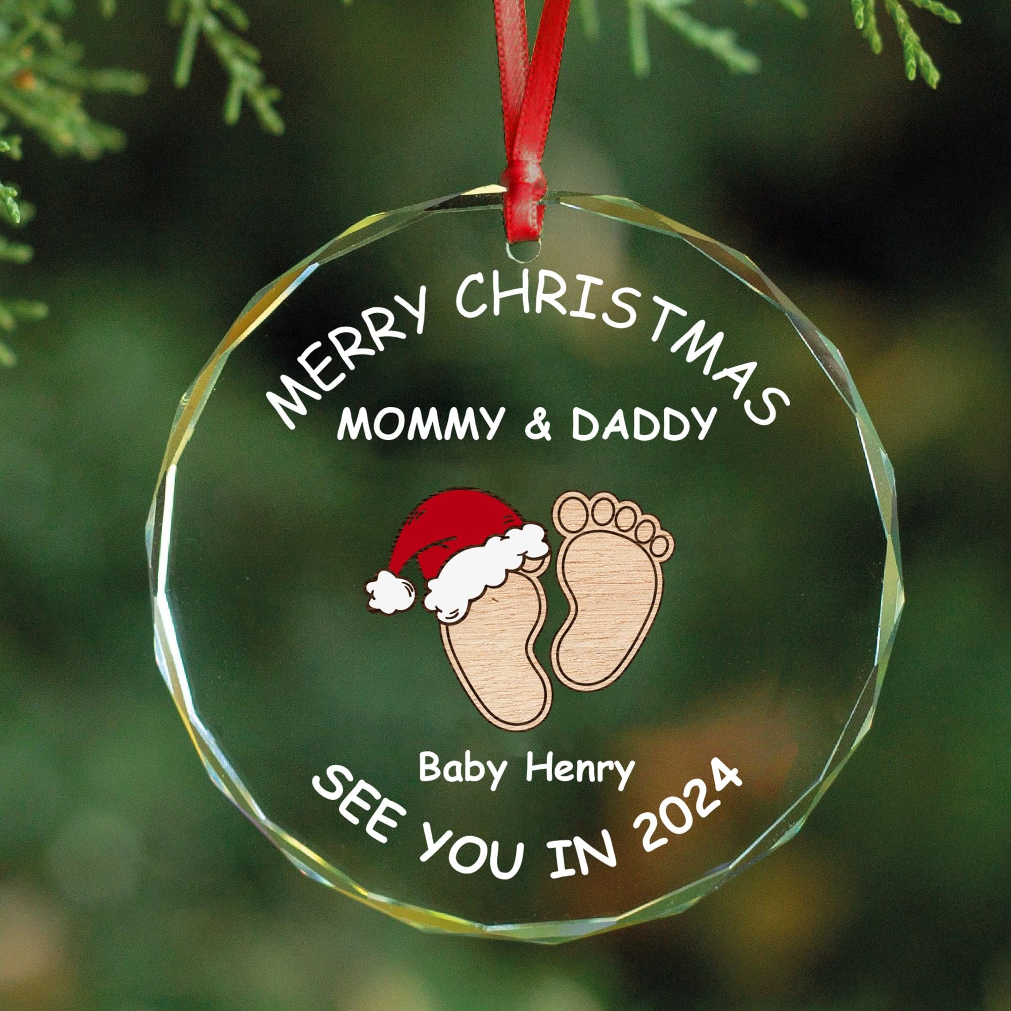 Personalized Merry Christmas Mommy and Daddy Crystal Ornament - See You in 2024 Christmas Tree Hanging Ornaments Pregnancy Ornament Keepsake, Xmas Gift for Expecting Parents, Décor