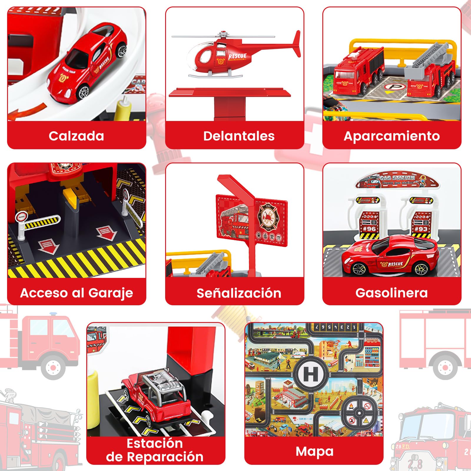 BuzzoXerex 5 Plantas Garaje Coches para Niños, Parking Molto con 14 Coches y 2 Helicóptero, Parking Juguete con Pista de Coches y Ascensor, Educativos Regalos para Niños 5 6 7 8 9 Años (Rojo)