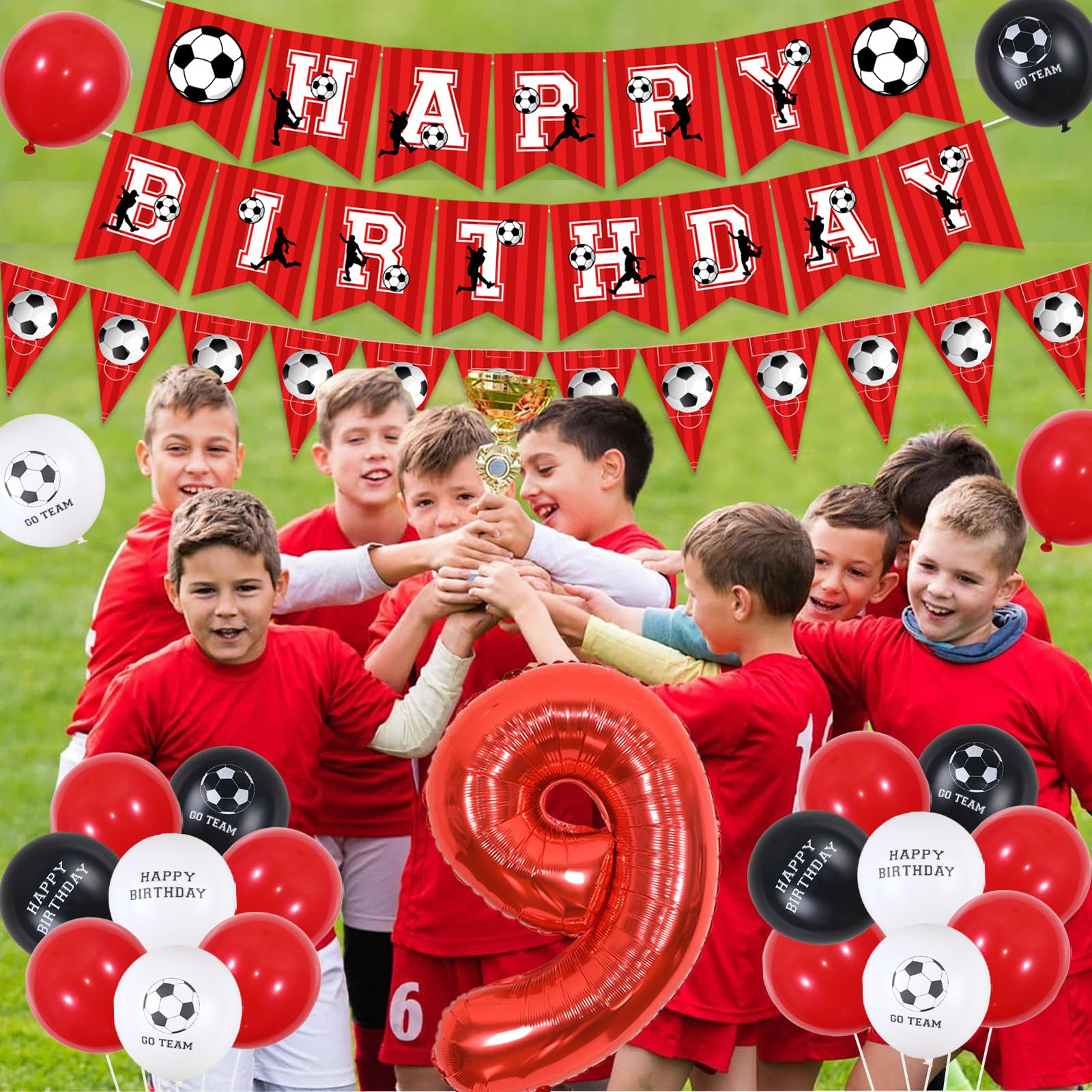 Fußball-Geburtstagsdeko Set – Mit Yard Banner, Ballons & Wimpelkette – Rot/schwarz/weiß – Für Jungen Sportparty