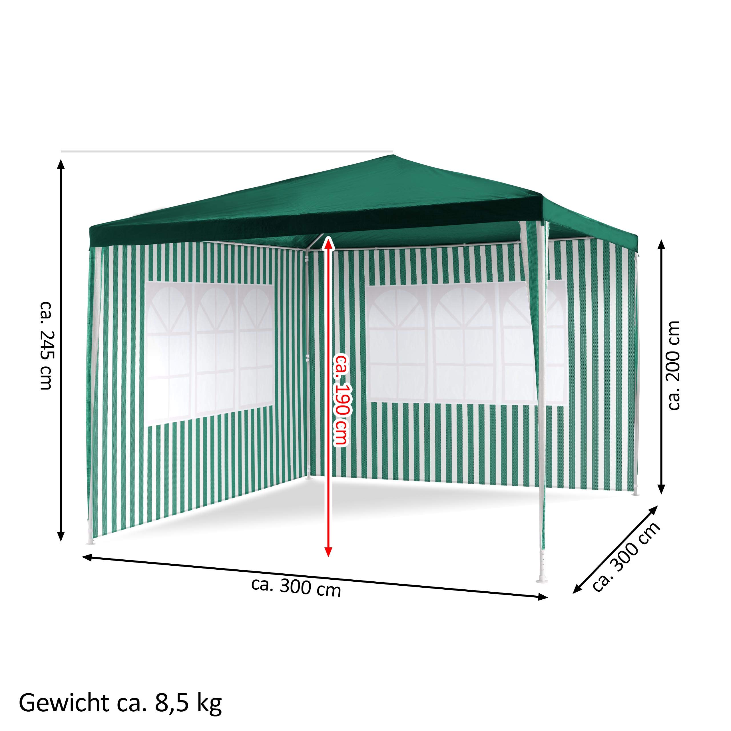Pavillon 3x3 m in grün weiß PE Plane 110g/m² + 2 Seitenteile Partyzelt Gartenzelt Sonnenschutz Stahlgestell Festivalzelt Eventzelt Partyzelt