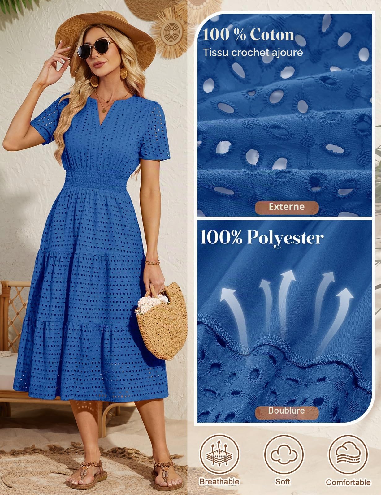 Robe d'été pour Femme Chic Et Elegant Longue Robes Manches Courtes Col en V Coton Robe Plage Décontracté Boheme avec Poches