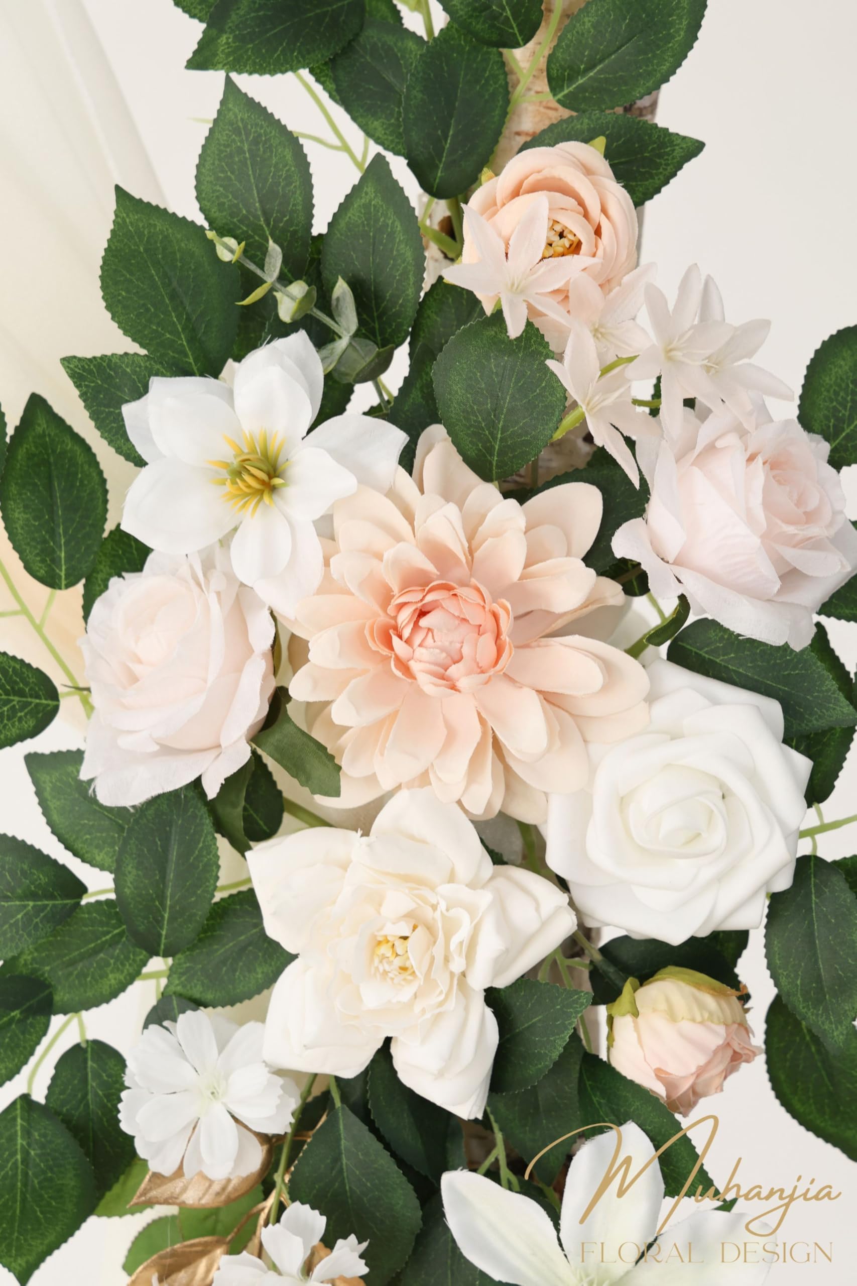 Muhanjia Künstliches Hochzeitsbogen-Blumen-Set (4 Stück), 2 künstliche Blumenbögen, 2 Chiffon-Stoffvorhänge, Zeremonie-Dekoration, Blumen-Party-Dekoration (Champagner und Creme)