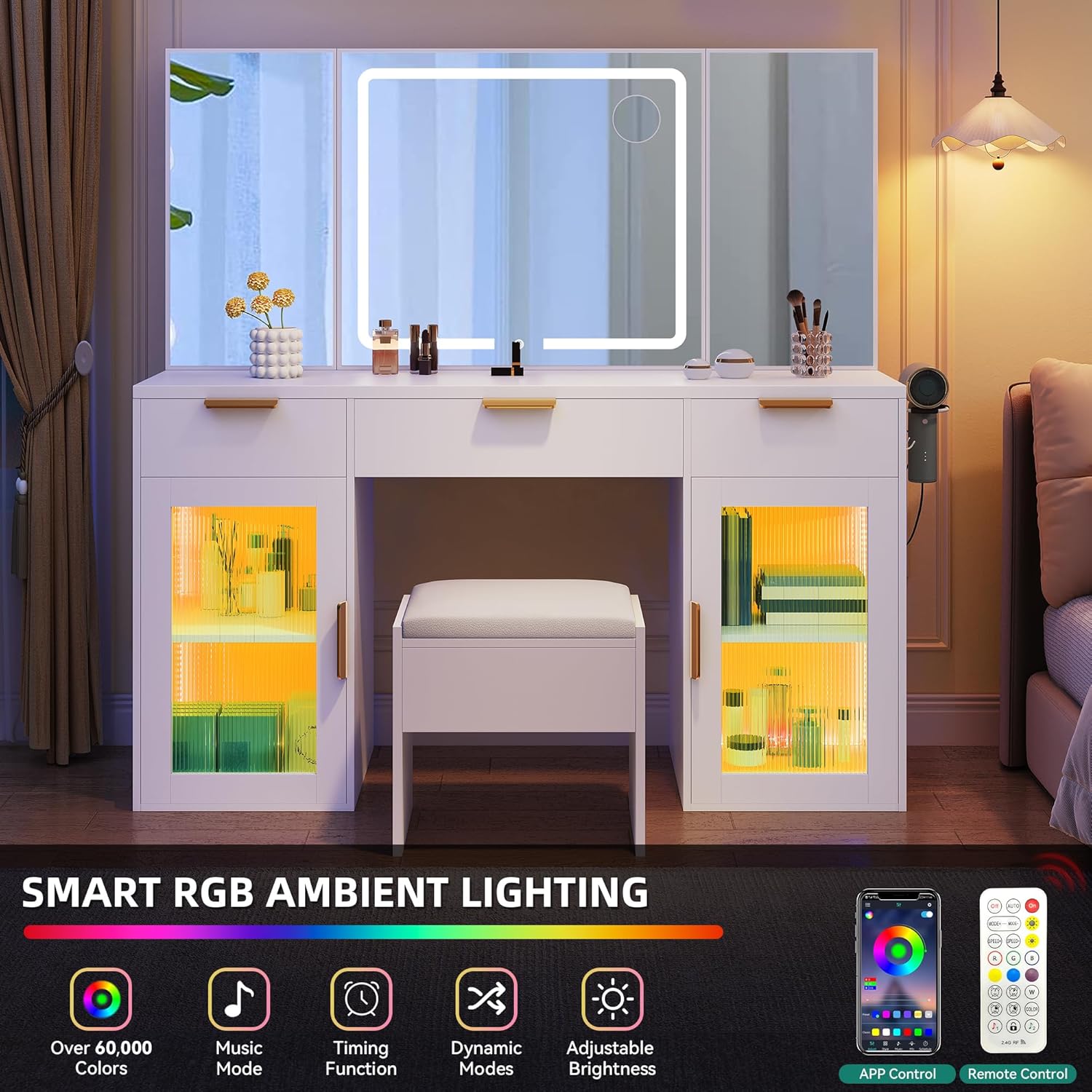 YITAHOME 56" LED Vanity Desk with Tri-Fold Mirror & Lights, RGB Glass Storage, 3 Drawers