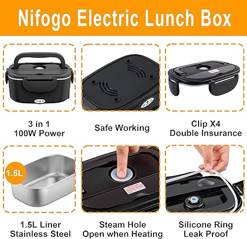 Miniatura 3 de Nifogo Fiambrera eléctrica de 100 W, calentador de alimentos para adultos, calentador de alimentos de 12 V24 V110 V, 1.5 L, lonchera calentable para
