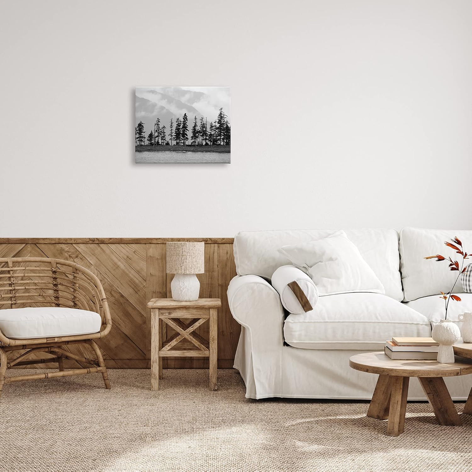 Stupell Industries Empty Pine Tree Forest Coast Line Misty Mountains, Designed by Savanah Plank Canvas Wall Art, 20 x 16, Black