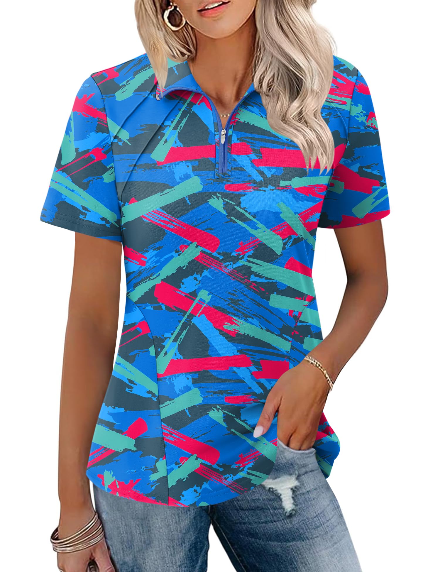 LOMON Womens Golf Polo Shirt Summer Short Sleeve Quarter Zip Outfit