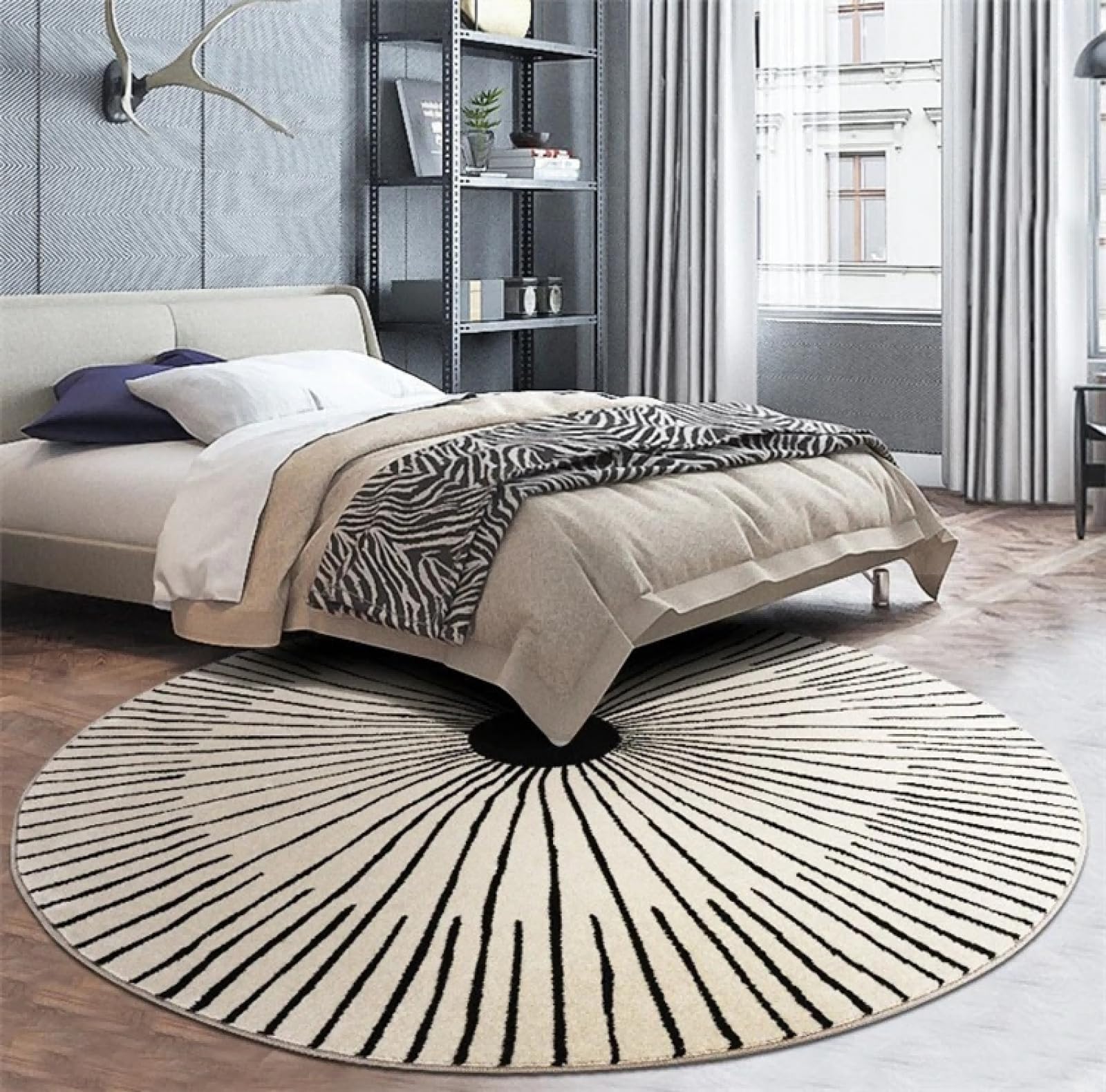 Freyamy Rund Teppich 120cm Hochflor Geometrisch Streifen Plüsch Flauschig Teppich Waschbar Modern Wohnzimmer Schlafzimmer Dekorative Küche Fußmatte Haustierteppich