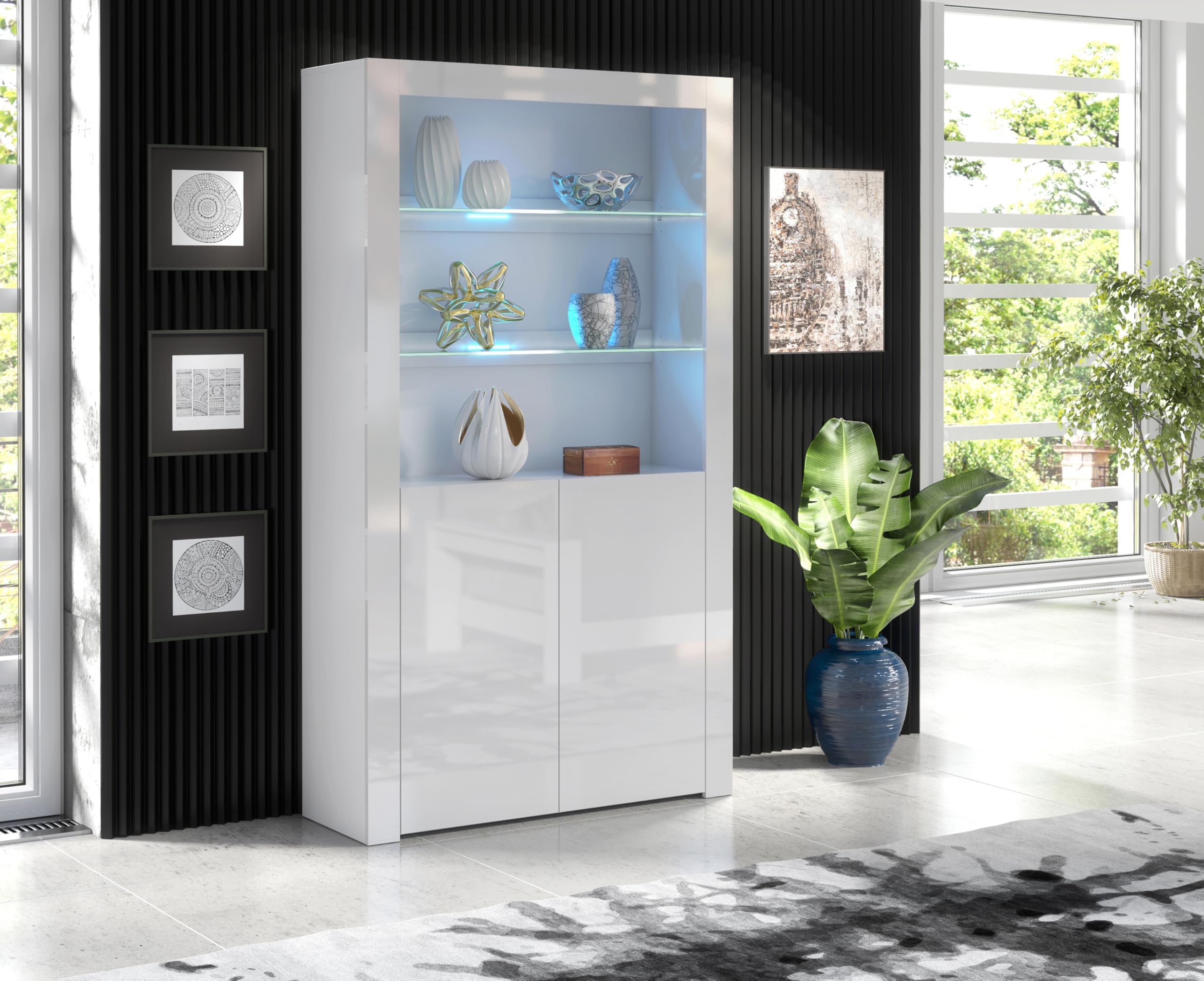 Furneo Clifton 20 – White Display Cabinet, Modern 2-Door Cupboard, High Gloss & Matt Finish, Blue LED Lights