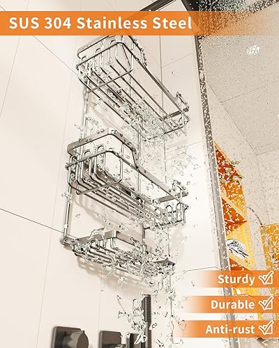 Miniatura 5 de SWTYMIKI Organizador de ducha colgante de 3 niveles a prueba de óxido sobre cabezal de ducha con 16 ganchos y doble soporte para jabón, estante de