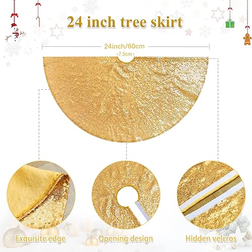 Miniatura 3 de Falda dorada para árbol de Navidad de 24 pulgadas, minifaldas de árbol de Navidad con lentejuelas y purpurina, tapetes de tela para decoración del