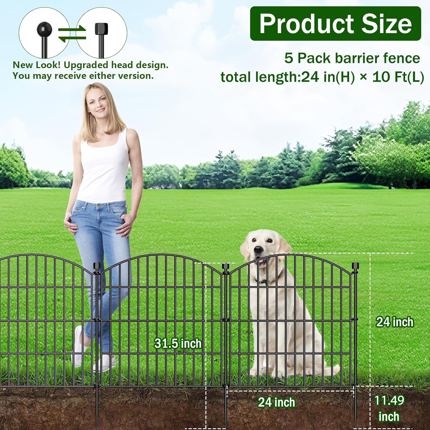 no dig decorative garden fence animal barrier - 5 panels - 24 in (h) x 10 ft (l) - dog fence outdoor for yard, rabbits and small pets - tall rustproof metal wire fencing border for garden and patio 5 pack - 24 in (h) x 10ft (l)