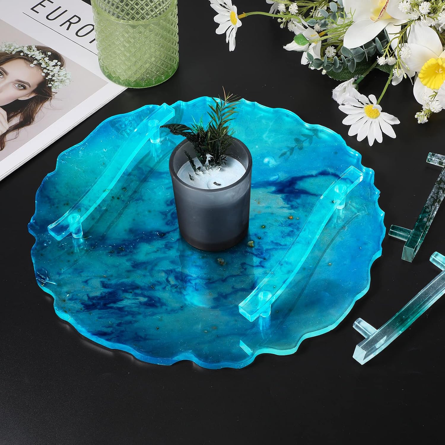 meekoo 2 Pcs Large Silicone Resin Tray Molds with 4 Pcs Handles Serving Tray Resin Mold Epoxy Molds for Making Jewelry Plates Tea Coasters Art Craft Casting Supplies(Round, Rectangle)