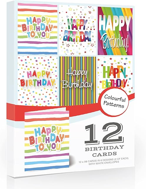 Olivia Samuel 12 x Colourful Birthday Cards Pack & Envelopes Great value pack of birthday cards. 6 Designs. Made in the UK